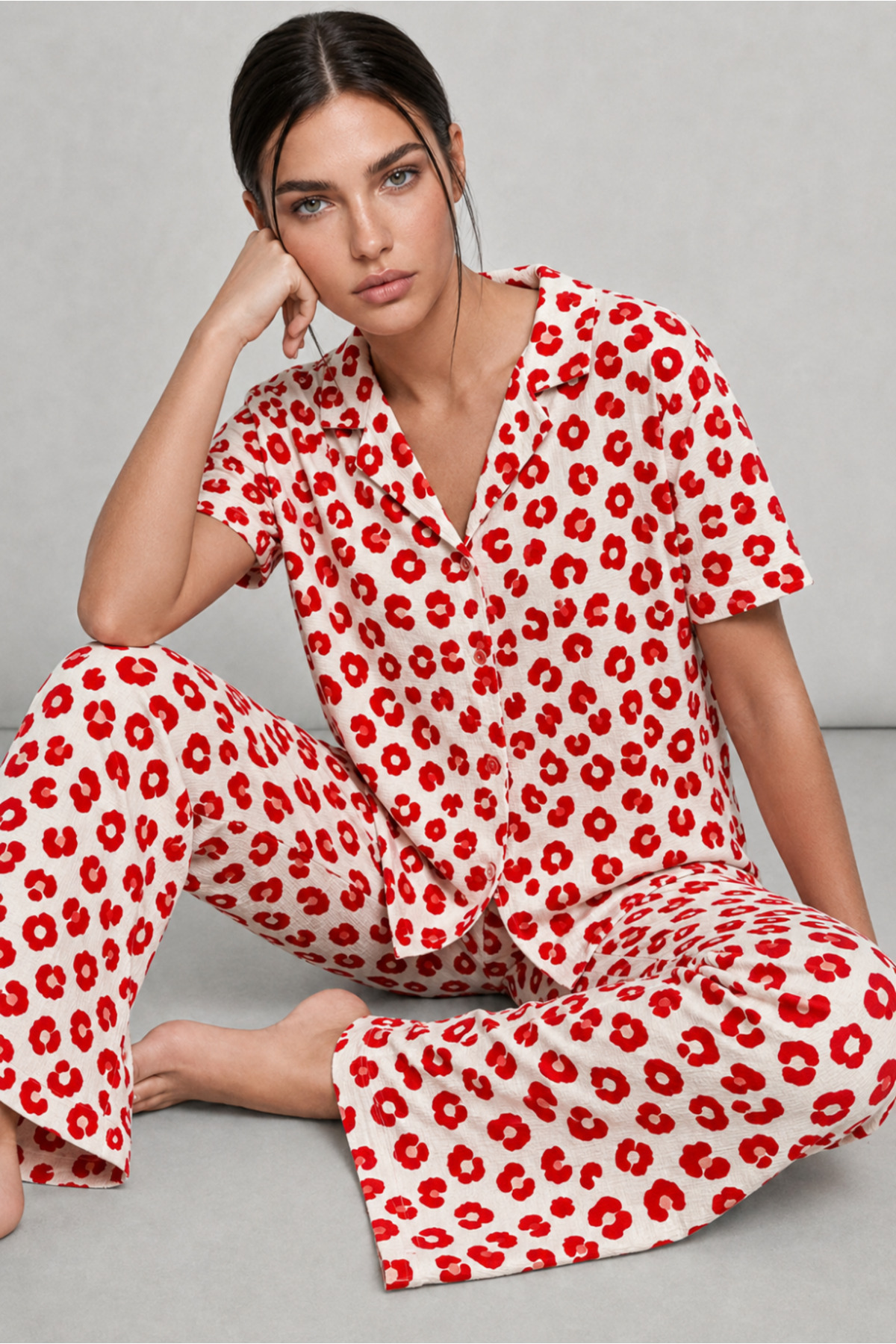 FİT WOMEN Kadın Kısa Kol Comfort Kırmızı Pijama Takımı 4725 görsel 3