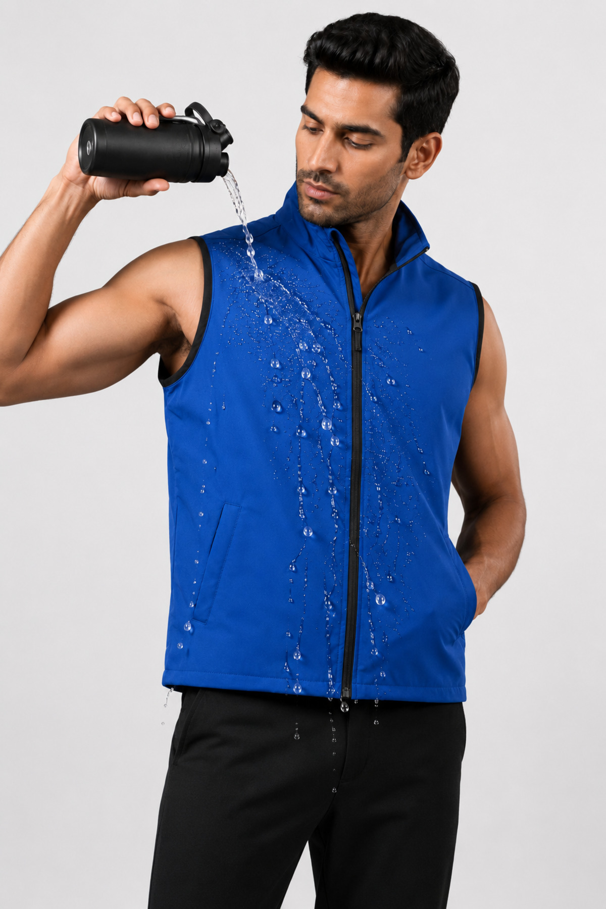 ORANGECAT Unisex Saks Mavi Su İtici Fermuarlı Dik Yaka Cepli Spor Yelek