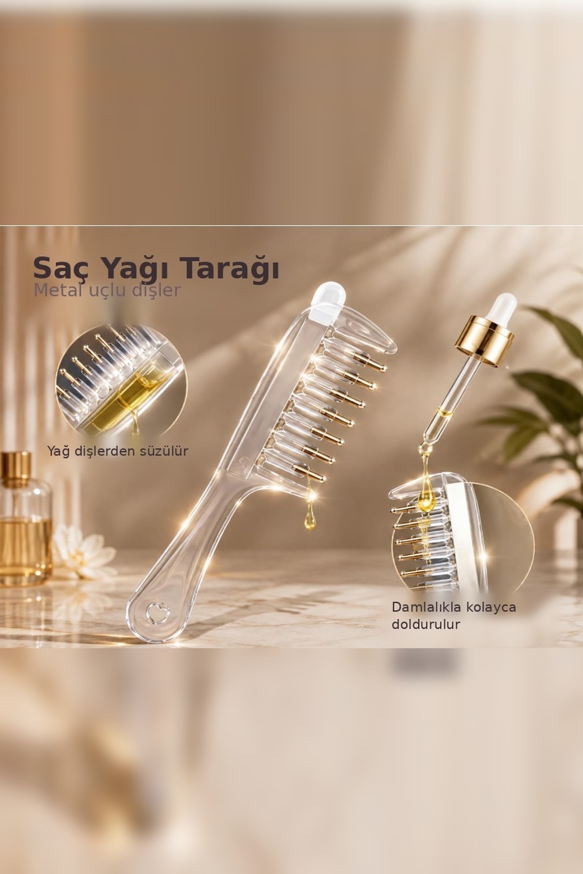 pelipet Saç Serumu ve Saç Yağı Uygulama Tarağı Hazneli Damlalıklı 7 Metal Uçlu Saç Derisi Masaj Aparatı — بی‌رنگ PLP-SAT-01