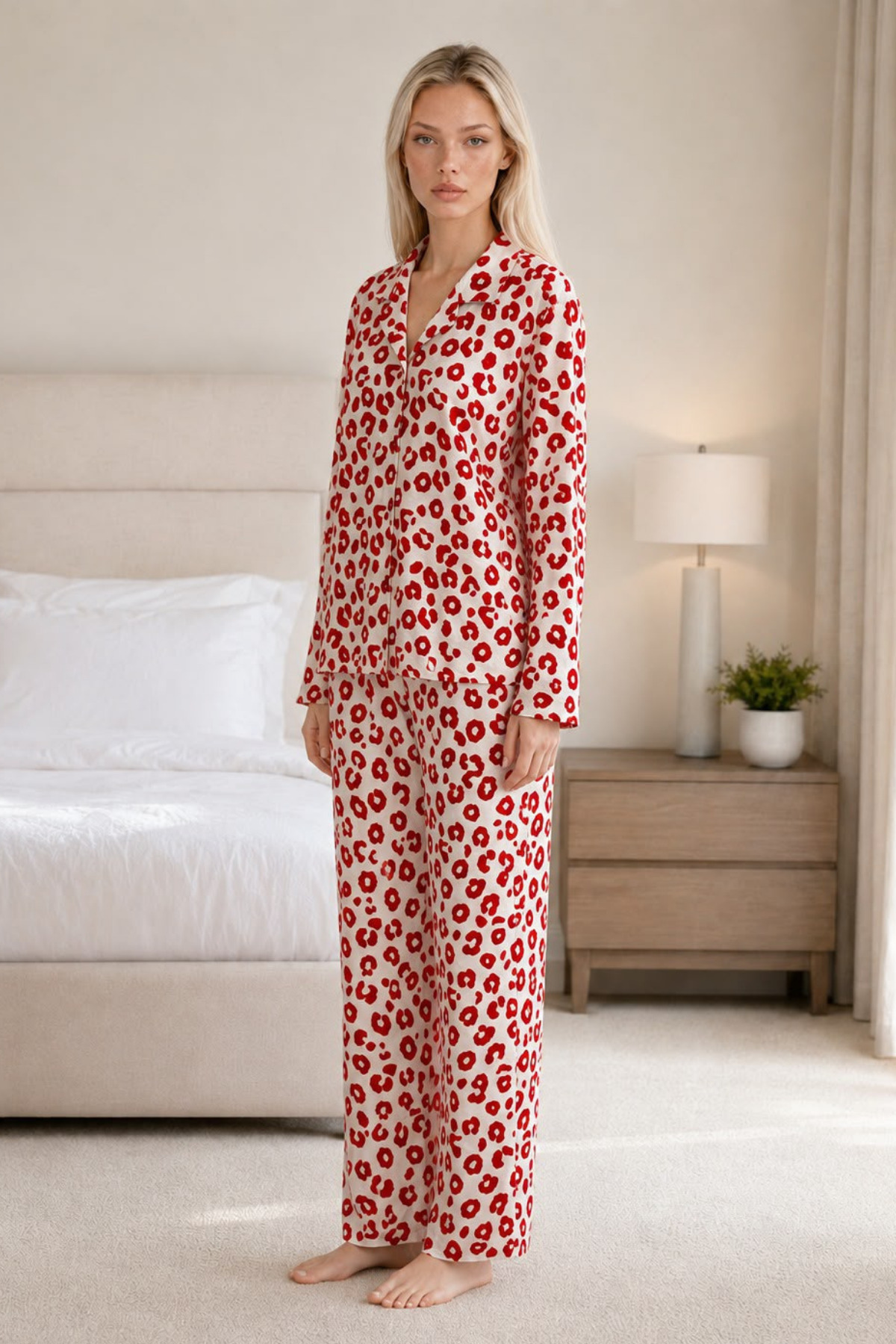 FİT WOMEN Kadın Desenli Esnek Bol Kırmızı Pijama Takımı 4735 görsel 2