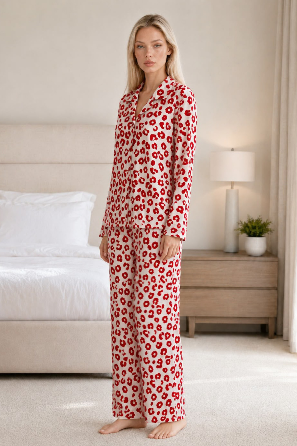 FİT WOMEN Kadın Desenli Esnek Bol Kırmızı Pijama Takımı 4735 görsel 4