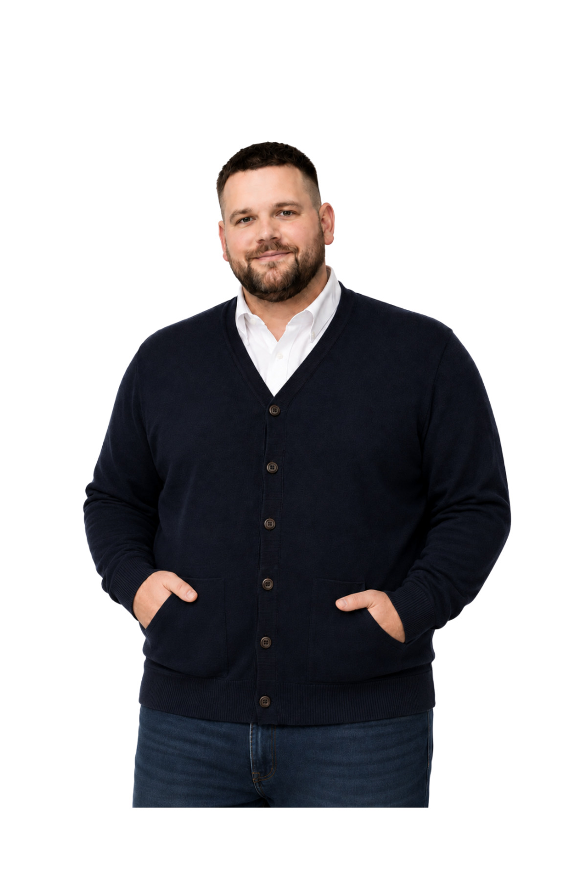 BattalModa Erkek Büyük Beden Lacivert Cepli Düğmeli Triko Hırka 3XL-4XL-5XL-6XL