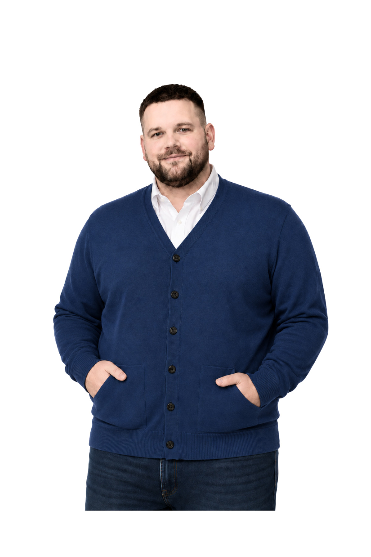 BattalModa Erkek Büyük Beden İndigo Cepli Düğmeli Triko Hırka 3XL-4XL-5XL-6XL