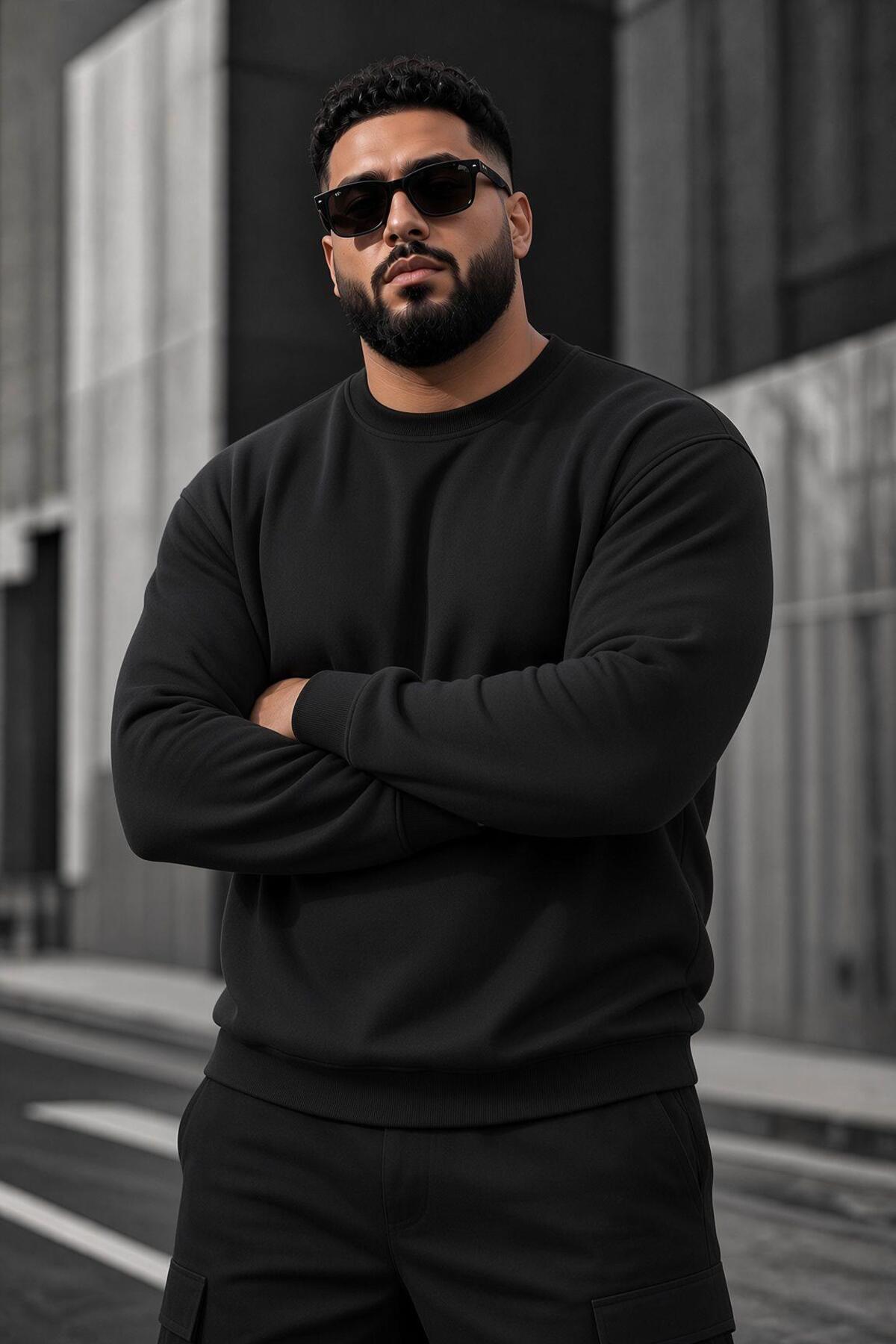 Oksit John Erkek İki İpli Şardonlu Düz Renk Günlük Battal Büyük Beden Bisiklet Yaka Sweatshirt görsel 3
