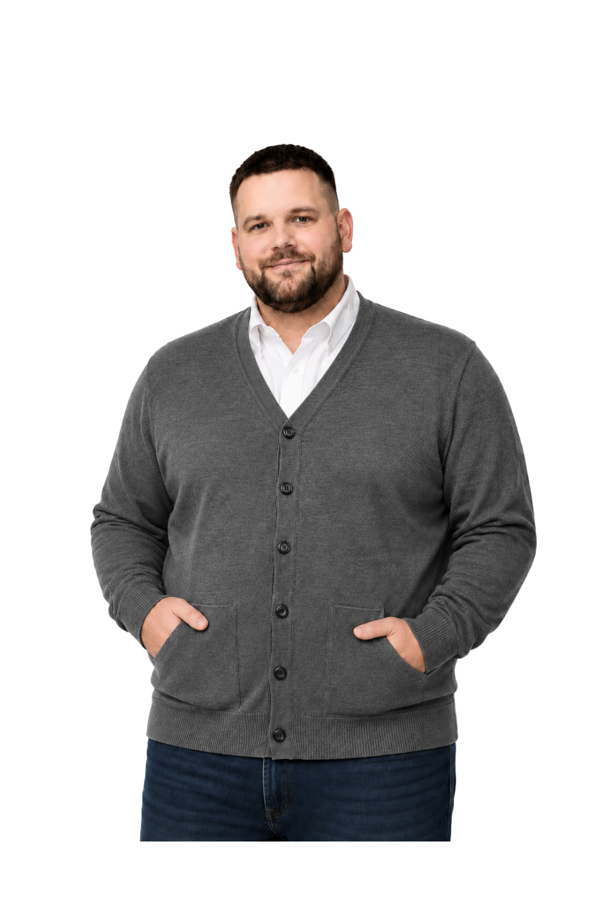 BattalModa Erkek Büyük Beden Füme Cepli Düğmeli Triko Hırka 3XL-4XL-5XL-6XL