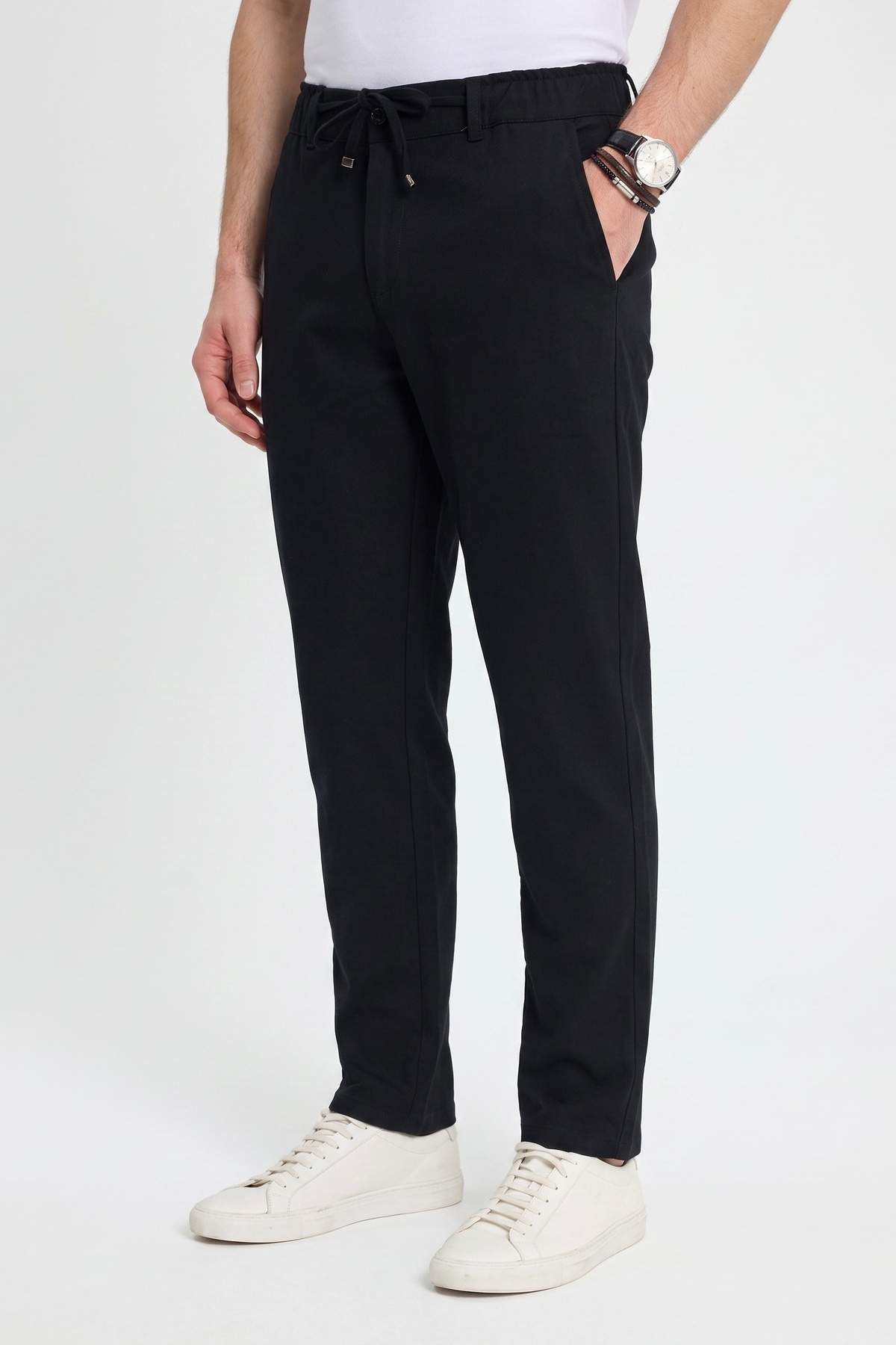 Erkek Slim Fit Siyah Beli Lastikli İpli Fermuarlı Rahat Jogger Pantolon — مشکی BELİ-BAĞCIKLI-DÜZ