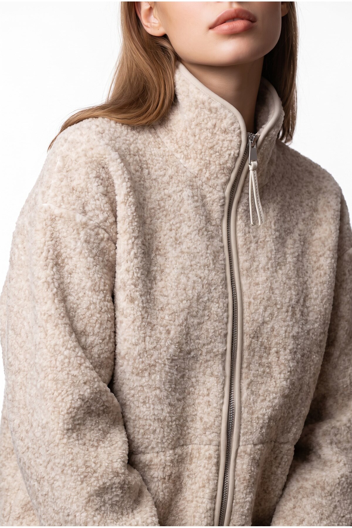 Mixray 4984 Kadın Fermuarlı Önden Cepli Yumuşak Dokulu Dik Yaka Polar Sweatshirt Naturel görsel 2