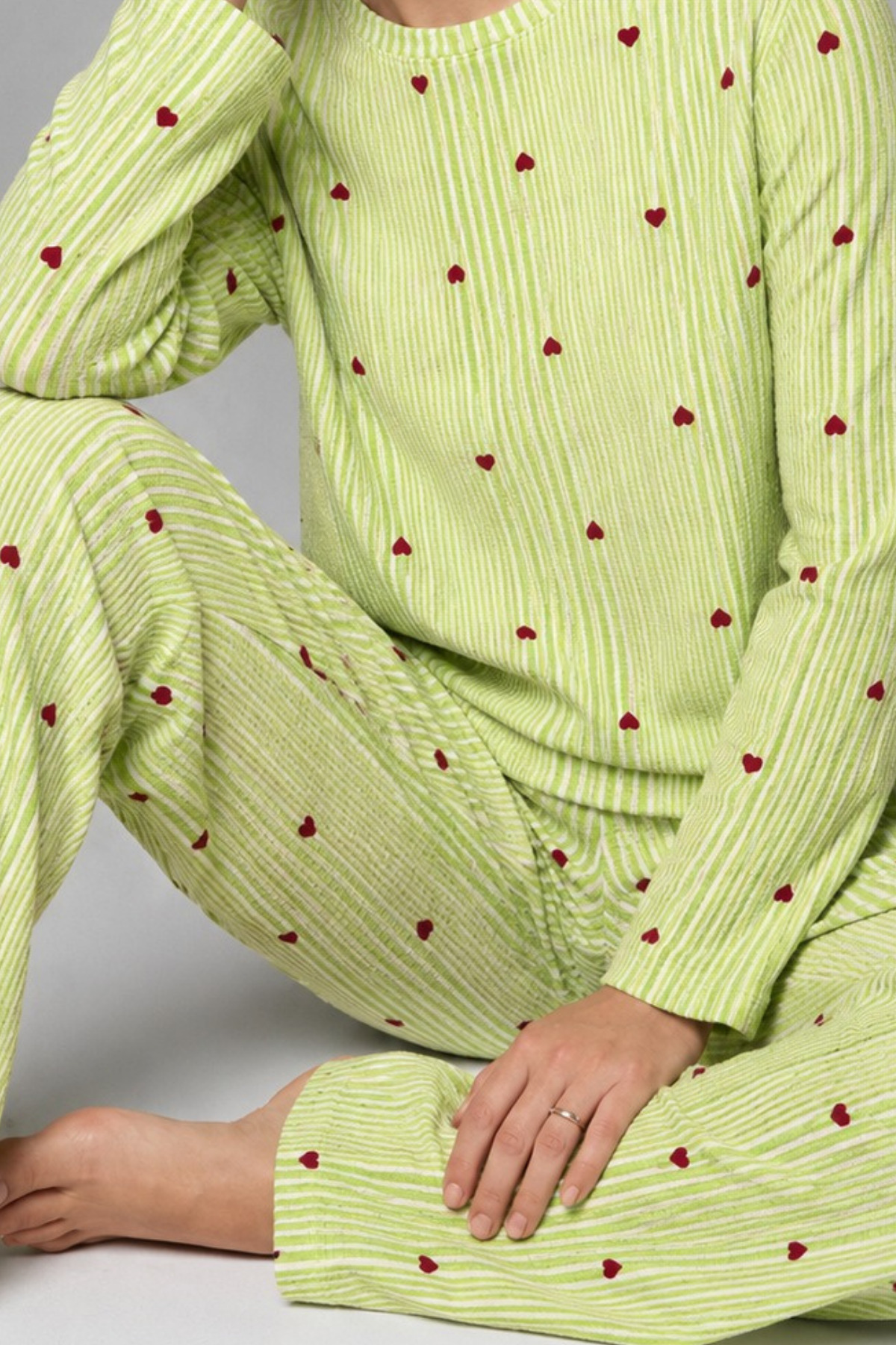 FİT WOMEN Kadın Çizgili Kalp Desenli Uzun Yeşil Pijama Takımı görsel 6