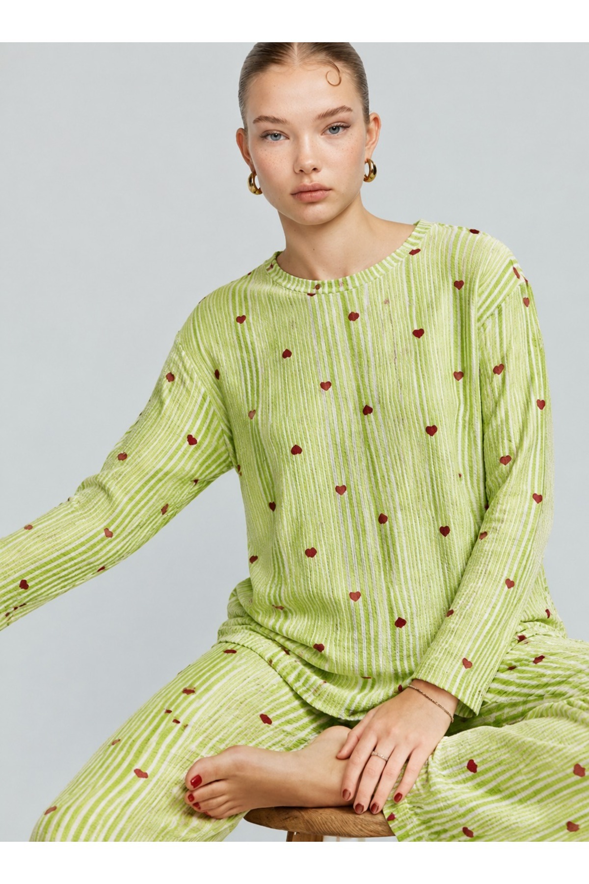 FİT WOMEN Kadın Çizgili Kalp Desenli Uzun Yeşil Pijama Takımı görsel 2