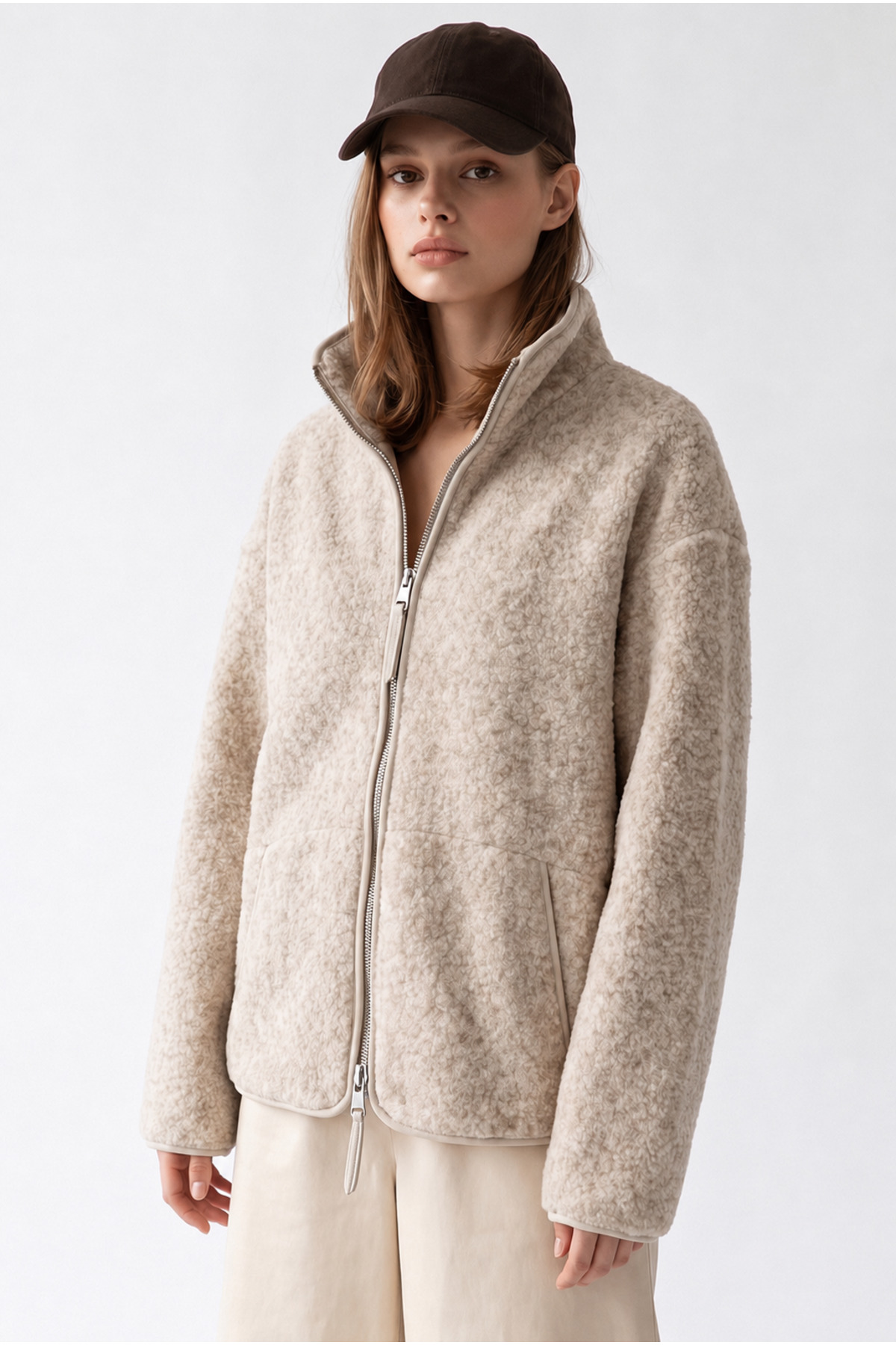Mixray 4984 Kadın Fermuarlı Önden Cepli Yumuşak Dokulu Dik Yaka Polar Sweatshirt Naturel görsel 4