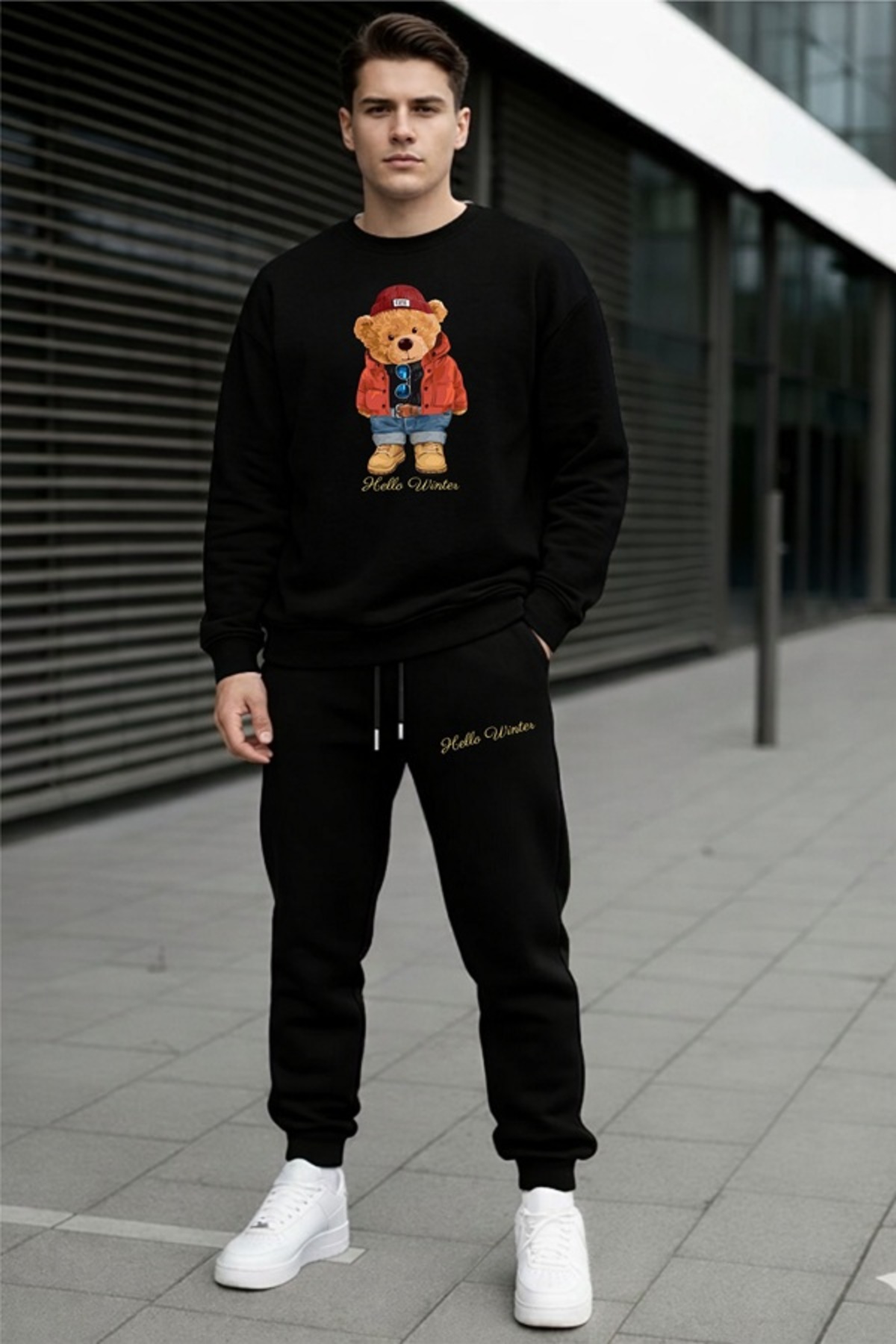 Unisex Ayıcık Baskılı Eşofman Takımı Oversize Hello Winter Alt Üst İkili Set Sweatshirt — مشکی TYCD15C1BD513DEC518955200