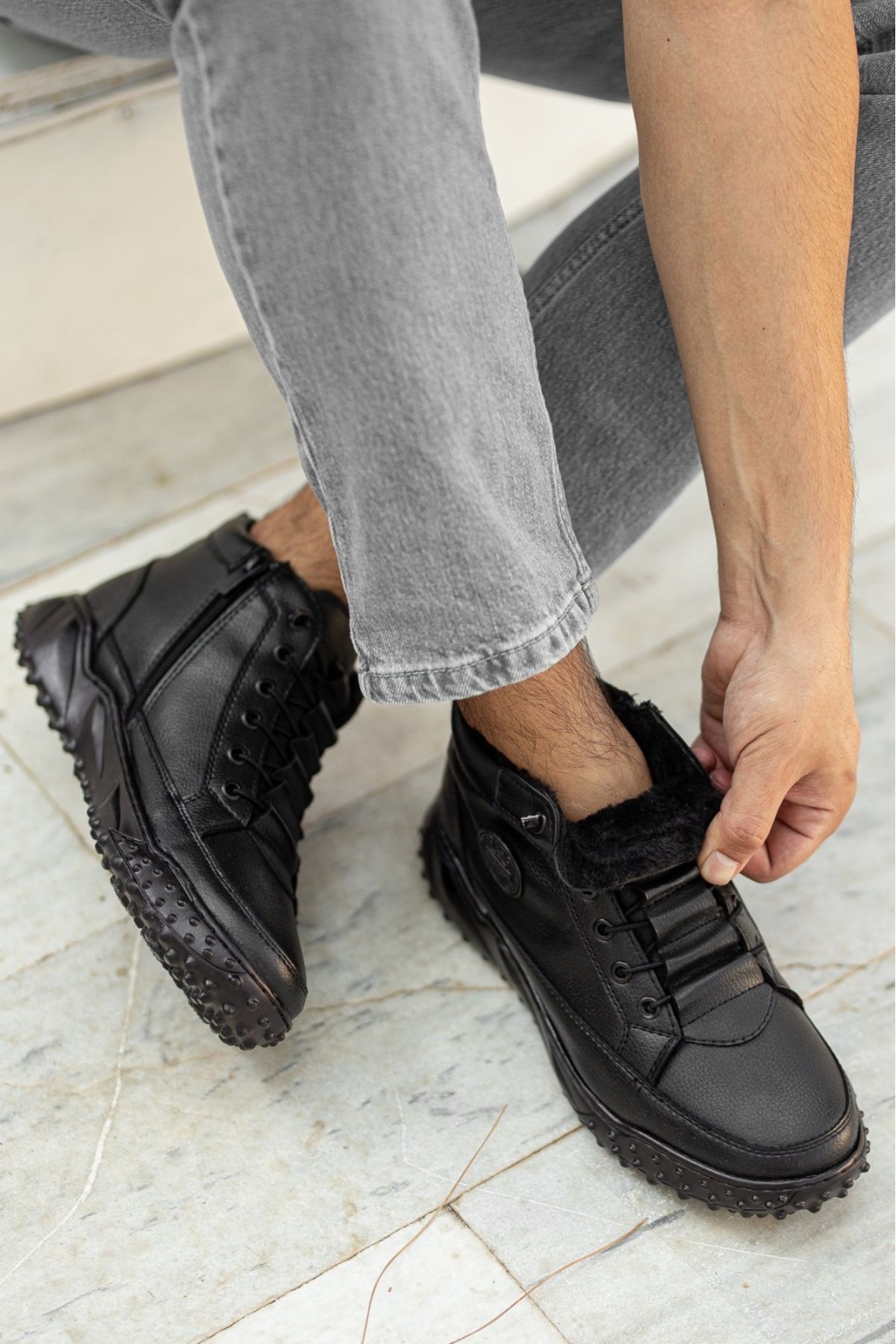 MY GROSS SHOES Siyah Su&Soğuha Dayanıklı Garantili Kaymaz Taban Akıllı Bağcıklı Fermuarlı Kışlık Erkek Bot görsel 2