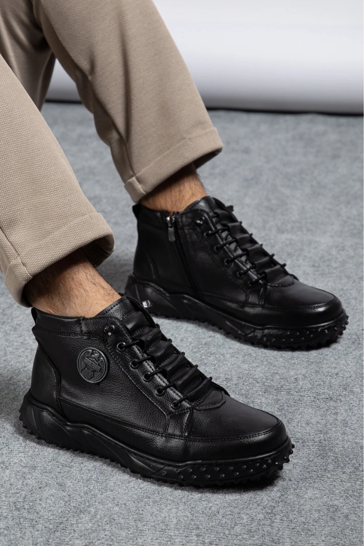 MY GROSS SHOES Siyah Su&Soğuha Dayanıklı Garantili Kaymaz Taban Akıllı Bağcıklı Fermuarlı Kışlık Erkek Bot görsel 3