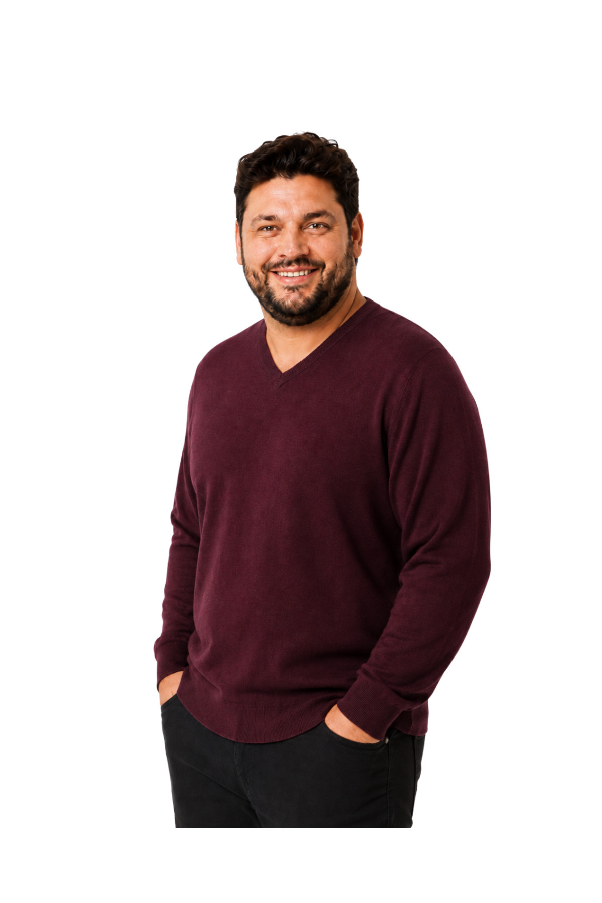 BattalModa Erkek Büyük Beden Bordo V Yaka Pamuklu Kazak 3XL-4XL-5XL-6XL görsel 2