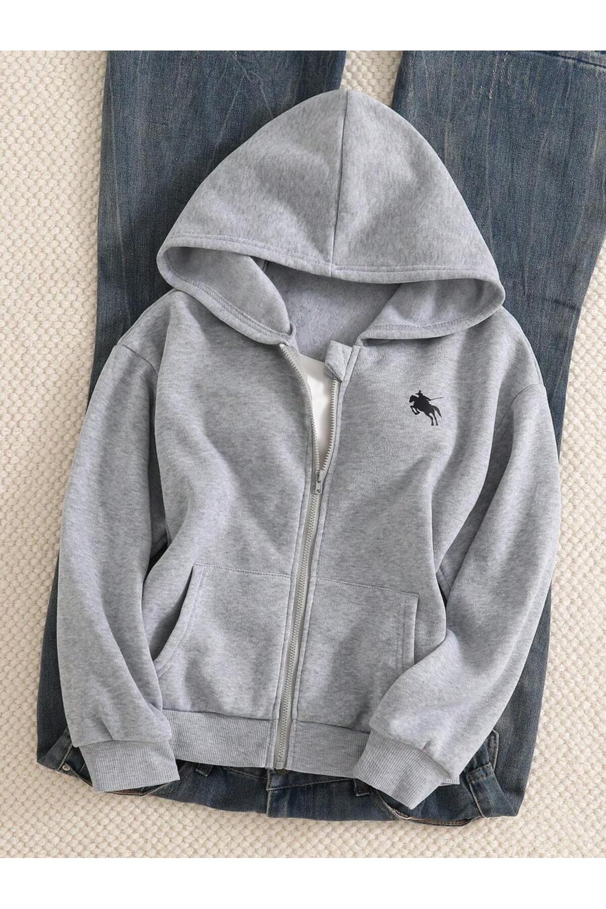 modaberry Gri Atlı Adam Sweatshirt Fermuarlı Hırka - Baskılı Oversize Cepli Kışlık Kapüşonlu