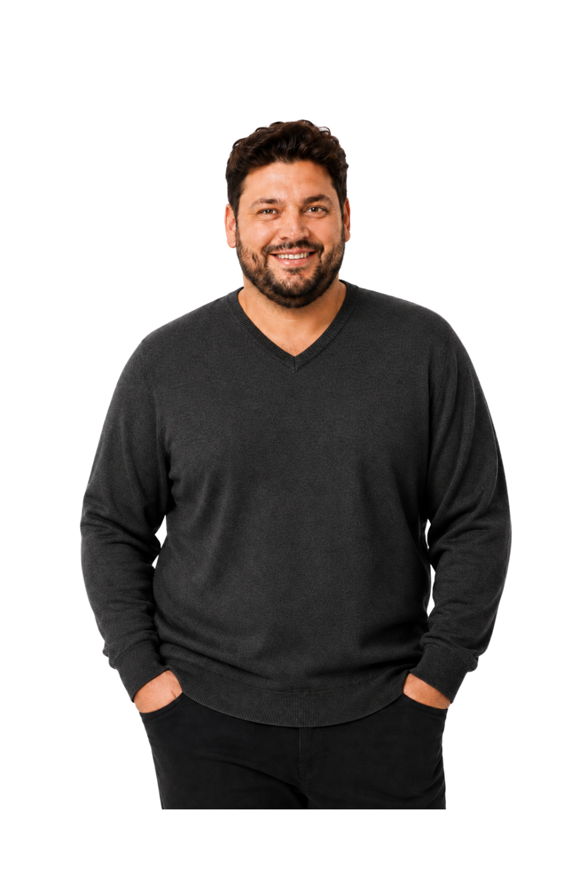 BattalModa Erkek Büyük Beden Antrasit V Yaka Pamuklu Kazak 3XL-4XL-5XL-6XL