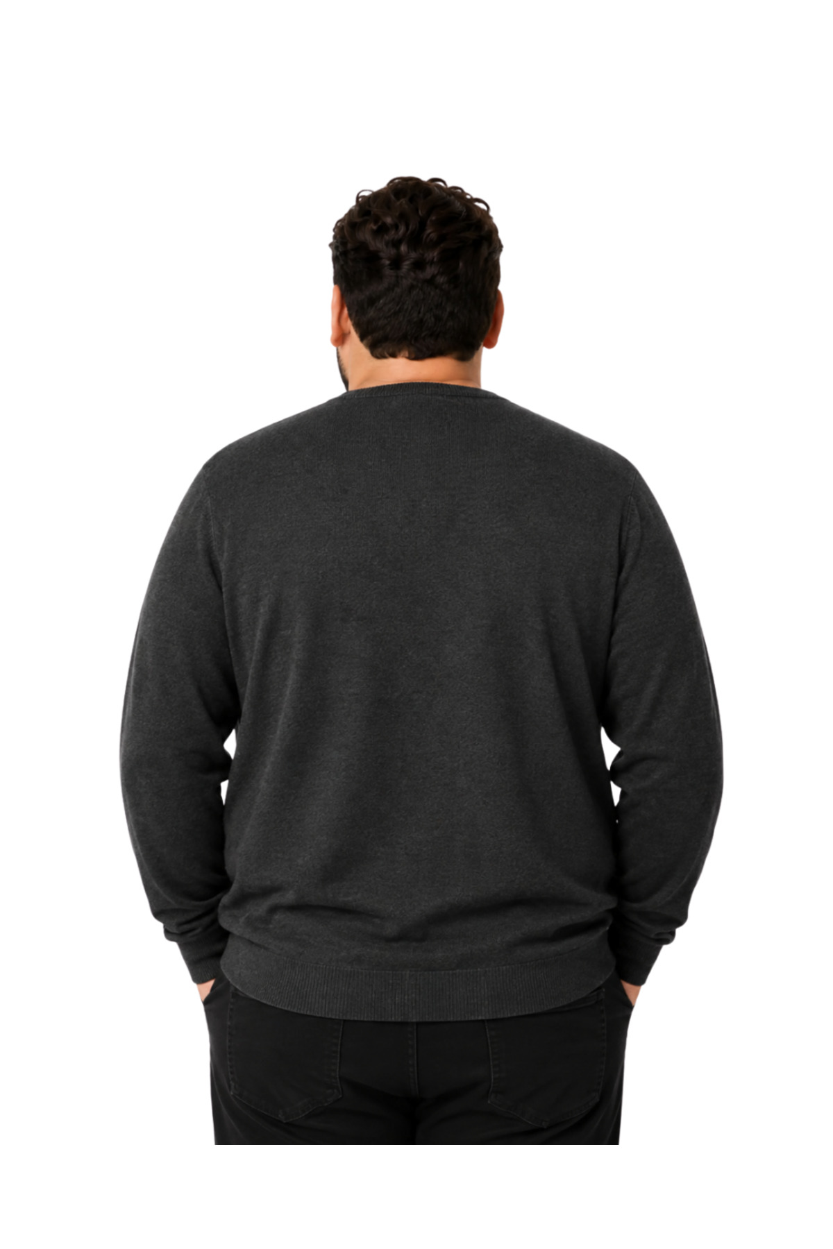 BattalModa Erkek Büyük Beden Antrasit V Yaka Pamuklu Kazak 3XL-4XL-5XL-6XL görsel 3