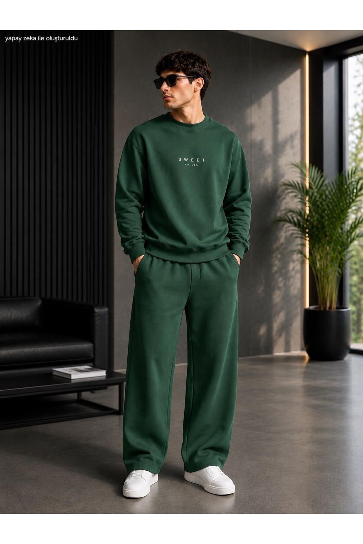 Erkek Sweet Minimal Tipografi Baskılı Bisiklet Yaka Regular Fit Erkek Eşofman Takımı /Düz Paça Alt — سبز CKTK04091