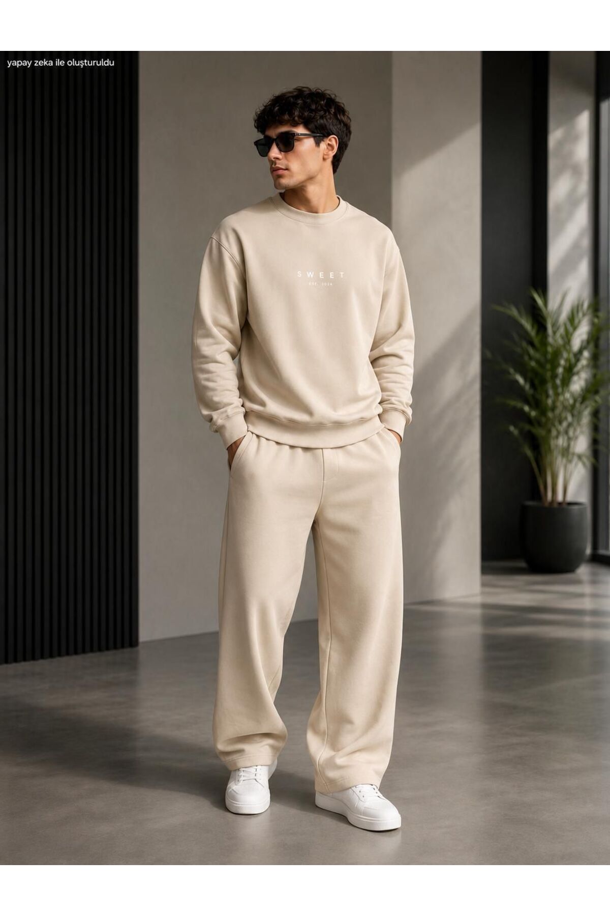 Erkek Sweet Minimal Tipografi Baskılı Bisiklet Yaka Regular Fit Erkek Eşofman Takımı /Düz Paça Alt — بژ CKTK04091