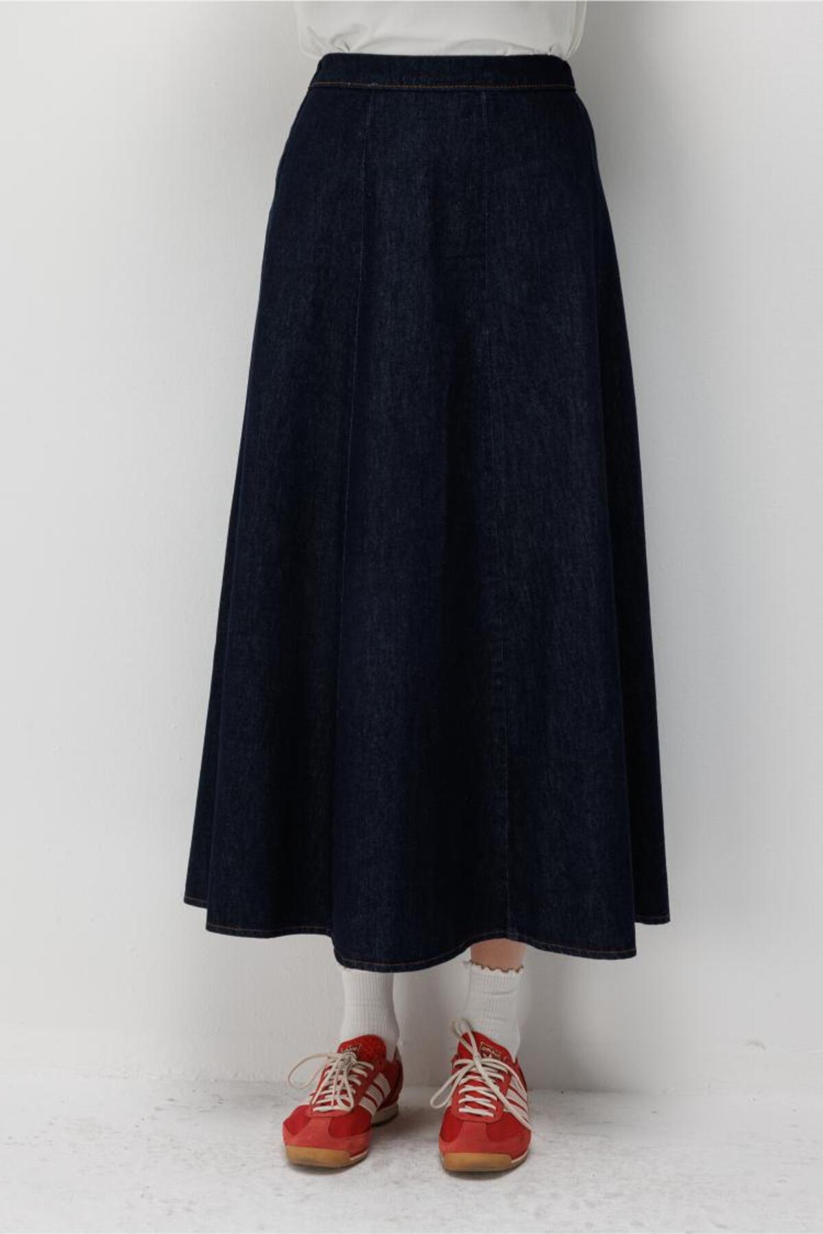 Mizalle Beli Lastikli Volan Kesim Lacivert Denim Etek görsel 3