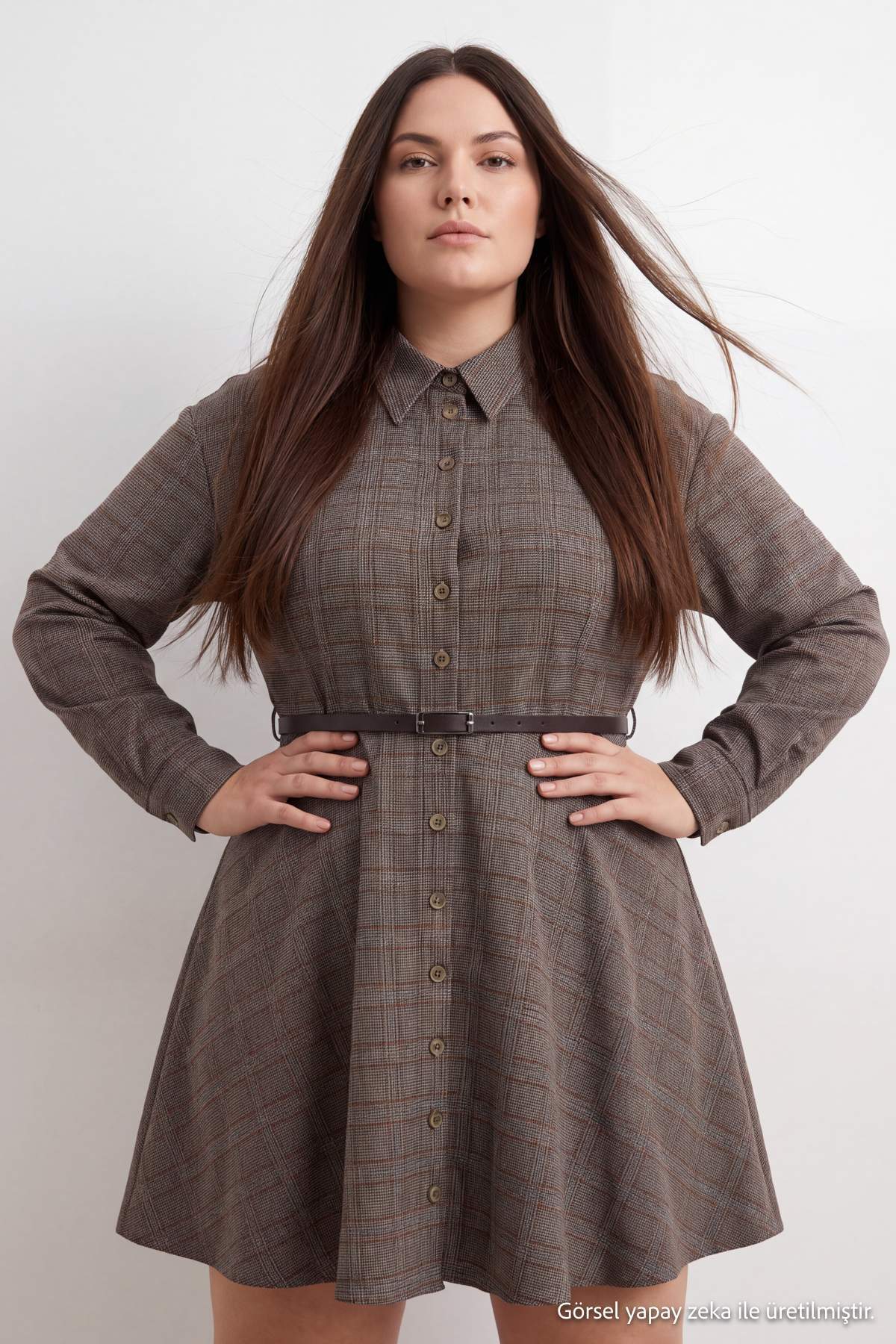 Trendyolmilla Curve Kahverengi Dokuma Büyük Beden Elbise TBBAW27AH00007