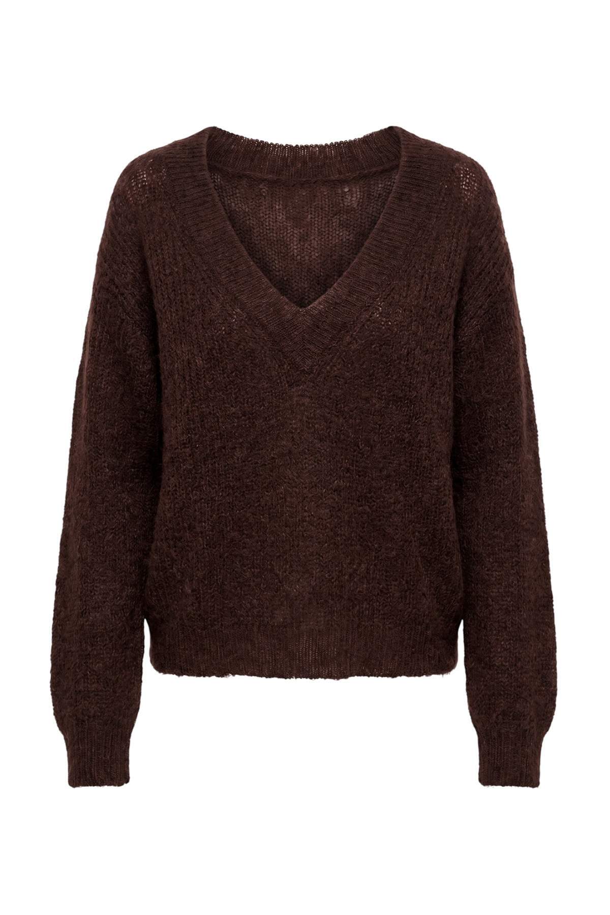 Trendyolmilla Wardrobe Essentials Kahverengi V Yaka Moher Karışımlı İnce Triko Kazak TWOAW27KZ00034