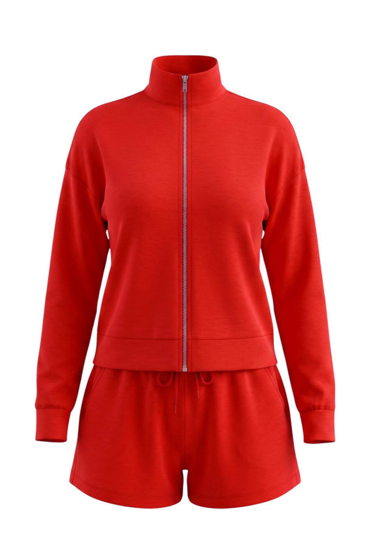 Trendyolmilla Kırmızı Regular/Normal Kalıp Dik Yaka Fermuarlı Şortlu Soft Touch Örme Alt-Üst Takım TWOAW27AU00122