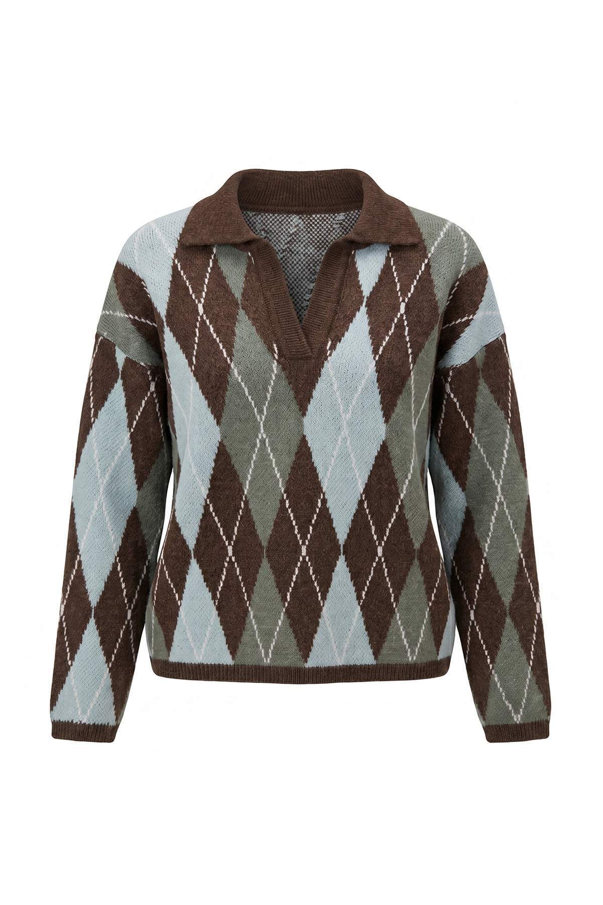 Trendyolmilla Kahverengi Yumuşak Dokulu Baklava/Ekose Desenli Polo Yaka Triko Kazak TWOAW26KZ00231
