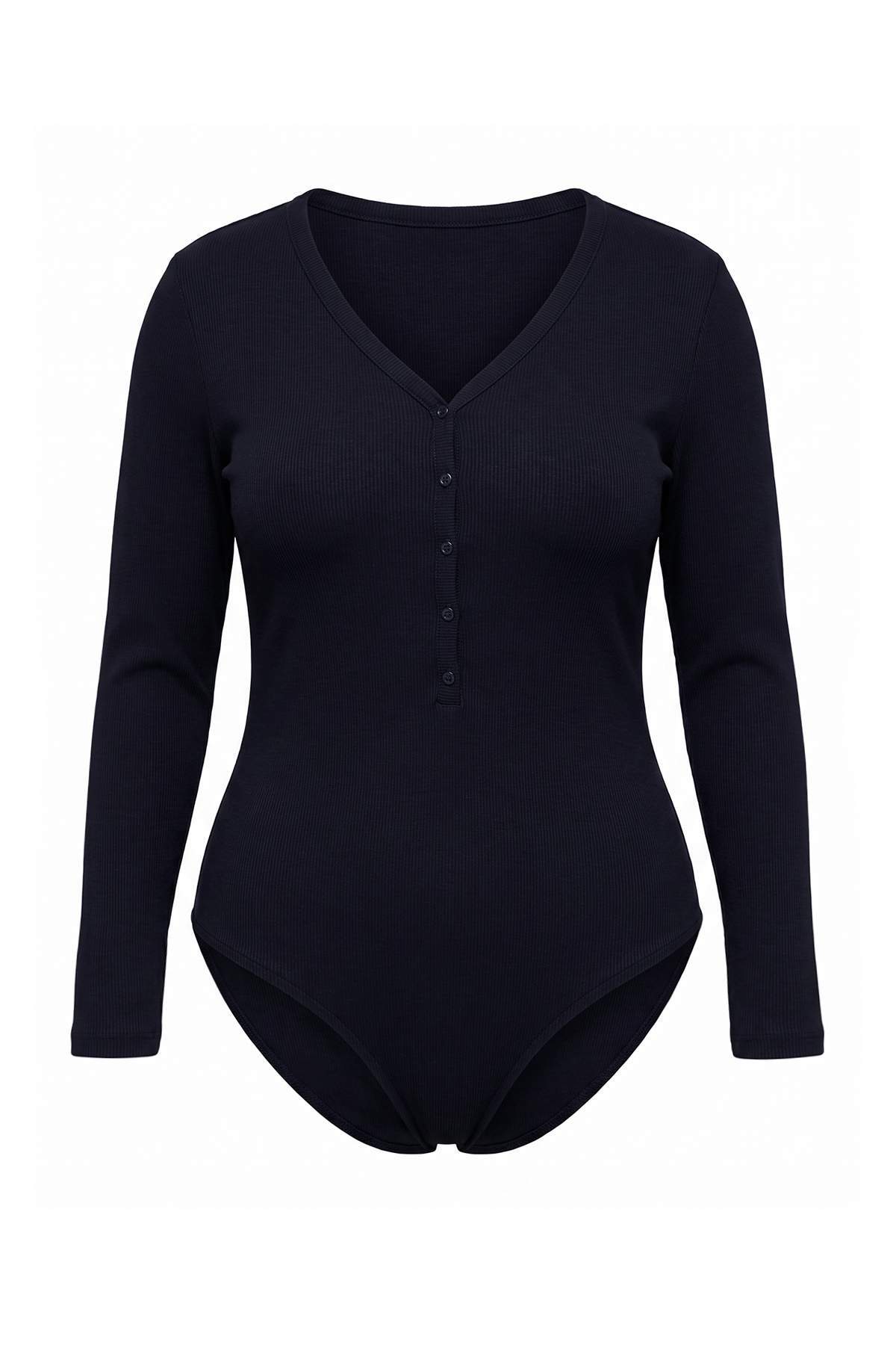 Trendyolmilla Curve Lacivert Kaşkorse Vücudu Satan V Yaka Düğmeli Büyük Beden Body TBBAW27CS00024