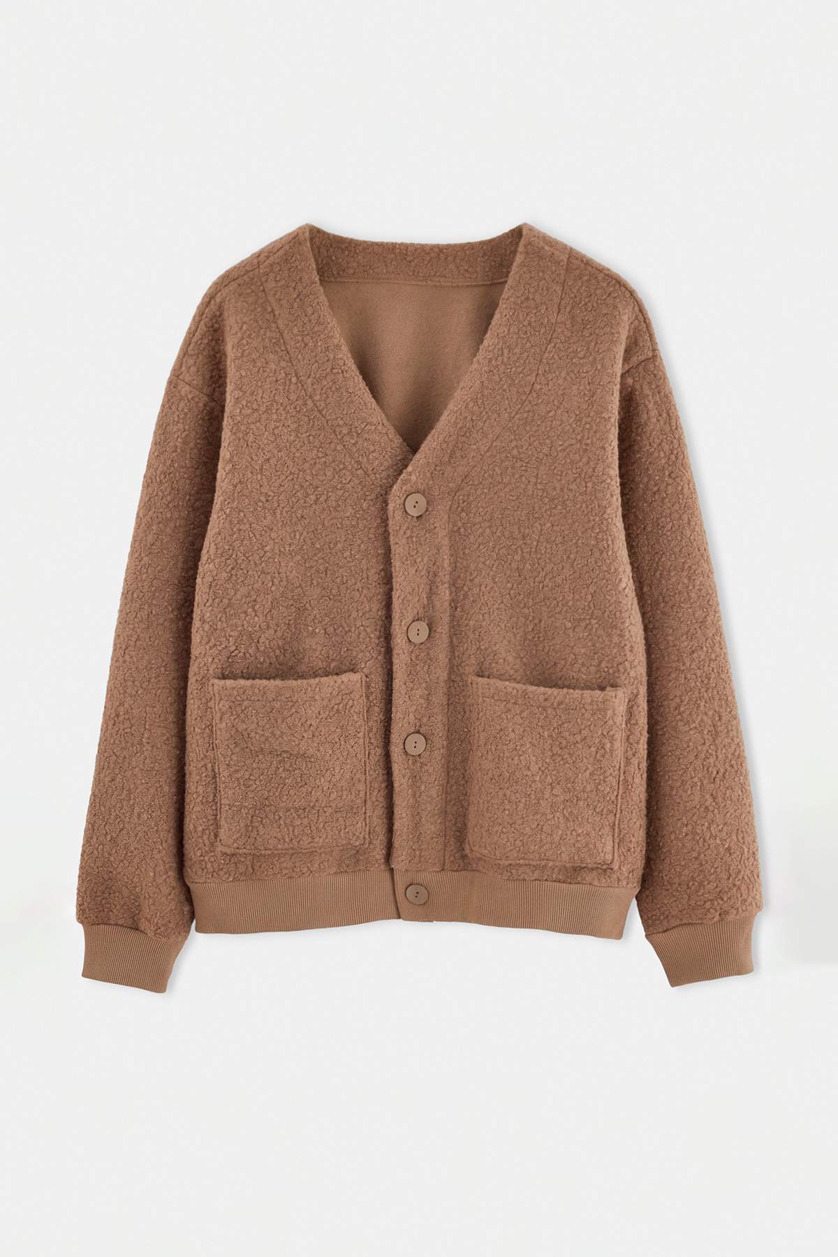 Trendyolmilla Man Açık Kahverengi Oversize/Geniş Kesim V Yaka Düğmeli Dokulu Kalın Hırka TMNAW26HI00004