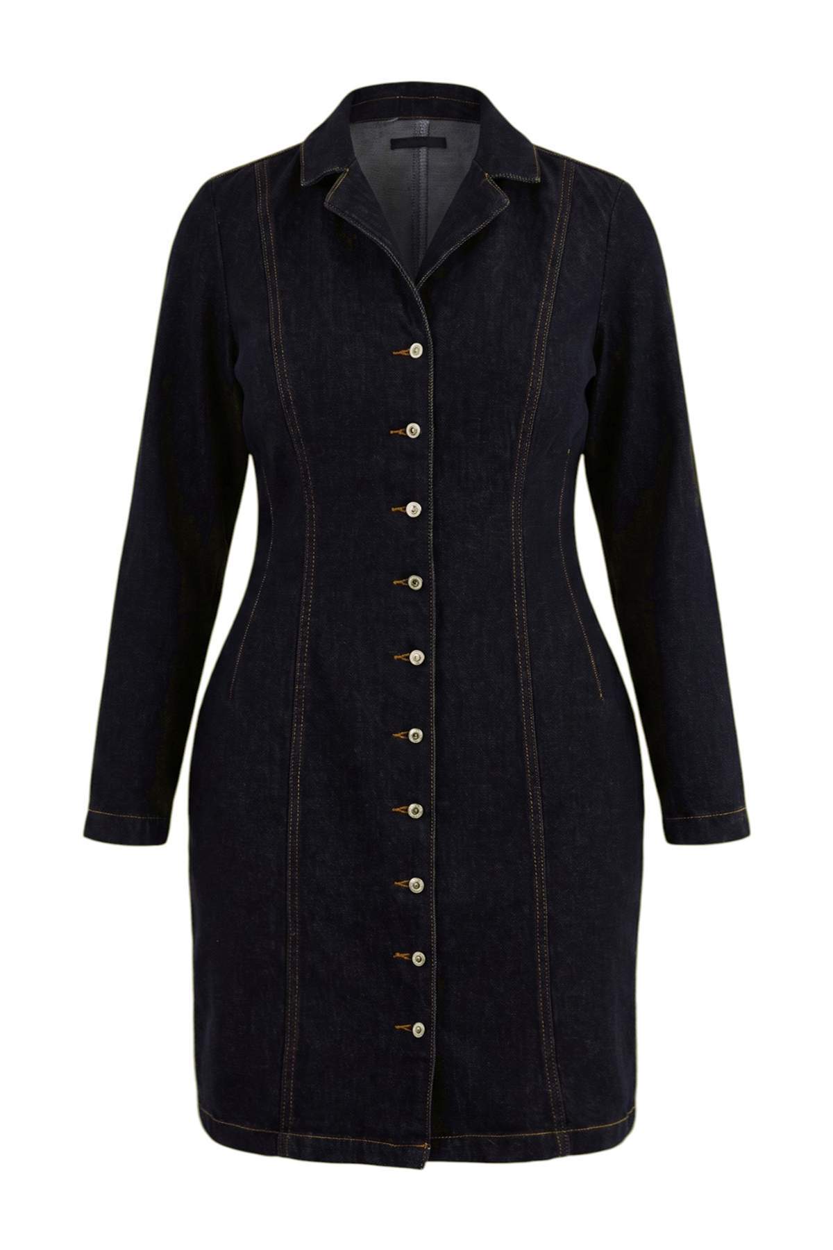 Trendyolmilla Curve Koyu Mavi Denim Büyük Beden Elbise TBBAW27AH00002