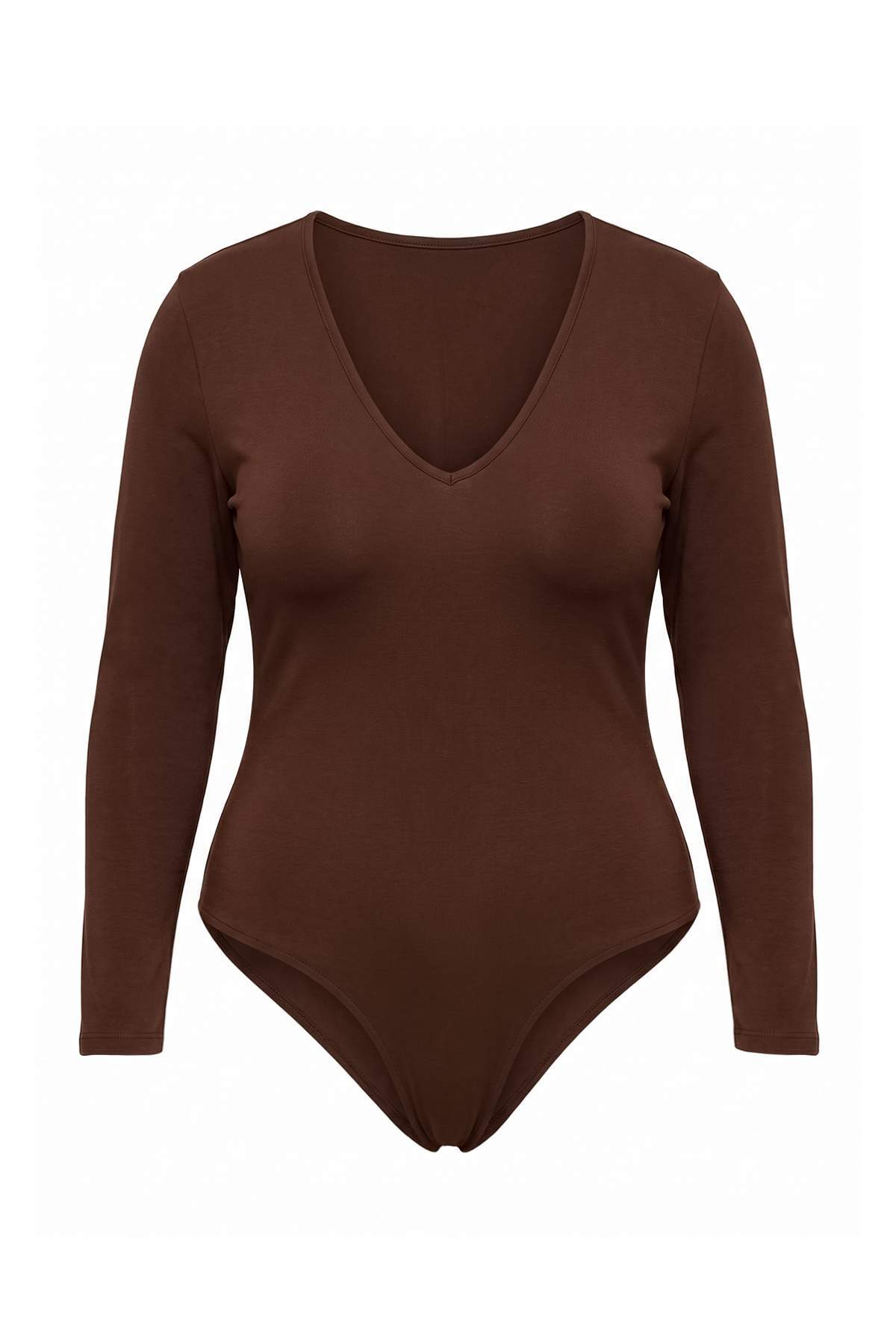Trendyolmilla Curve Kahverengi Derin V Yakalı Çıt Çıtlı Basic Örme Body TBBAW27CS00007