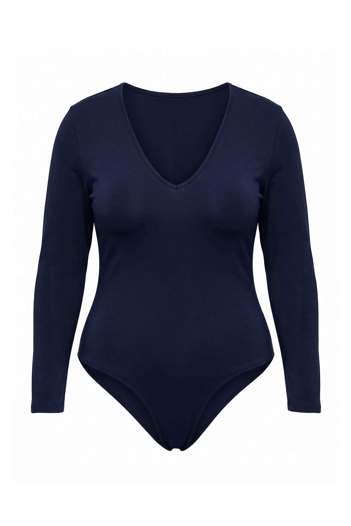 Trendyolmilla Curve Lacivert Derin V Yakalı Çıt Çıtlı Basic Örme Body TBBAW27CS00007