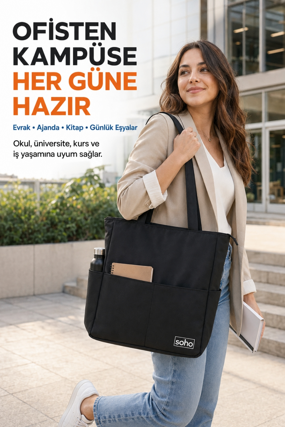 SOHO Orijinal Çok Gözlü Geniş İç Hacimli Su Geçirmez & Fermuarlı Yan Cepli Tote Bag | Ofis Okul Üniversite Spor İçin Askılı Anne Shopper Günlük Çok Amaçlı El Kol ve Omuz Çantası | Büyük Boy - 35x34x9 cm görsel 3