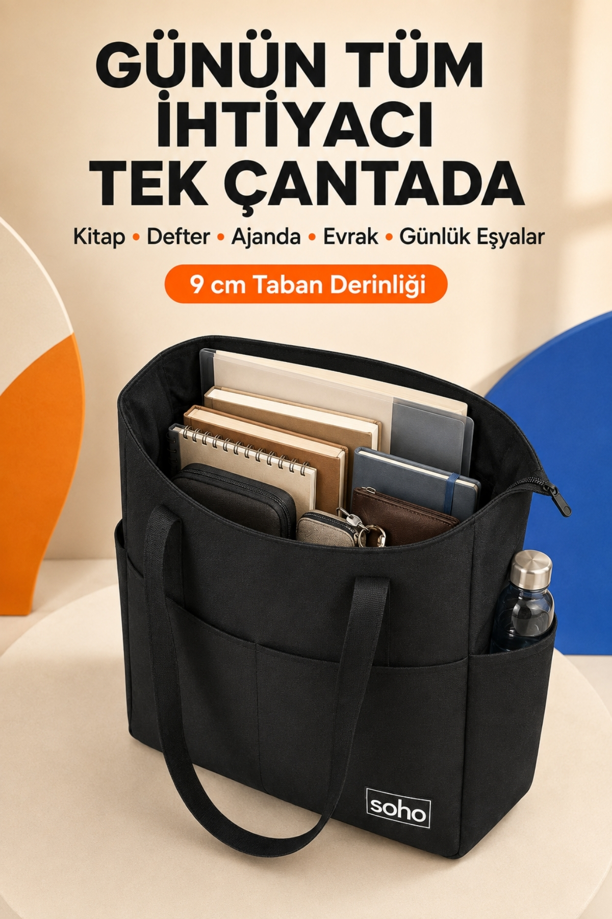SOHO Orijinal Çok Gözlü Geniş İç Hacimli Su Geçirmez & Fermuarlı Yan Cepli Tote Bag | Ofis Okul Üniversite Spor İçin Askılı Anne Shopper Günlük Çok Amaçlı El Kol ve Omuz Çantası | Büyük Boy - 35x34x9 cm görsel 2