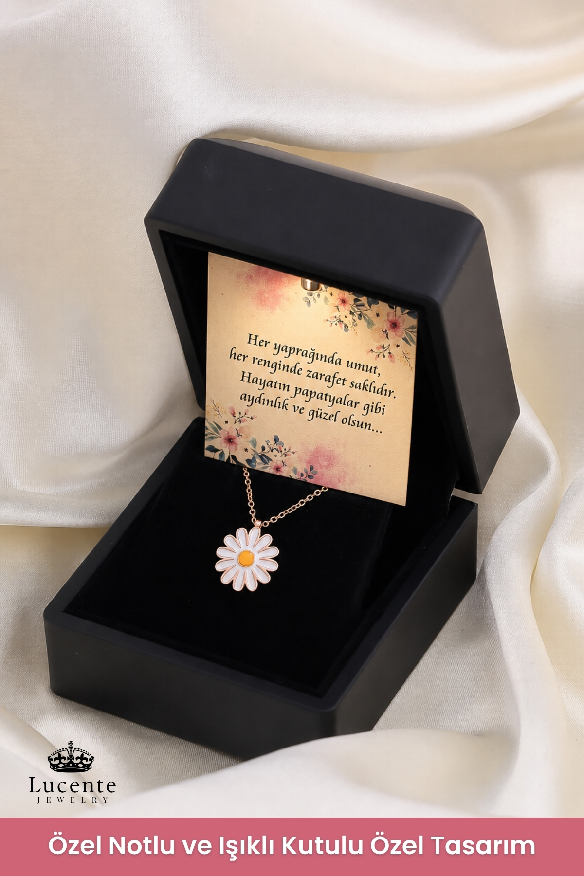 Lucente Jewellery Işıklı Hediye Kutulu 925 Ayar Luxury Serisi Rose Gold Beyaz Mineli Papatya Gümüş Özel Gün Hediyesi 45 Cm Zincirli Aşk Şans Bereket ve Zarafetin Simgesi Mininal Papatyalı Küpe Hediyeli Şık Kadın Kolye görsel 5
