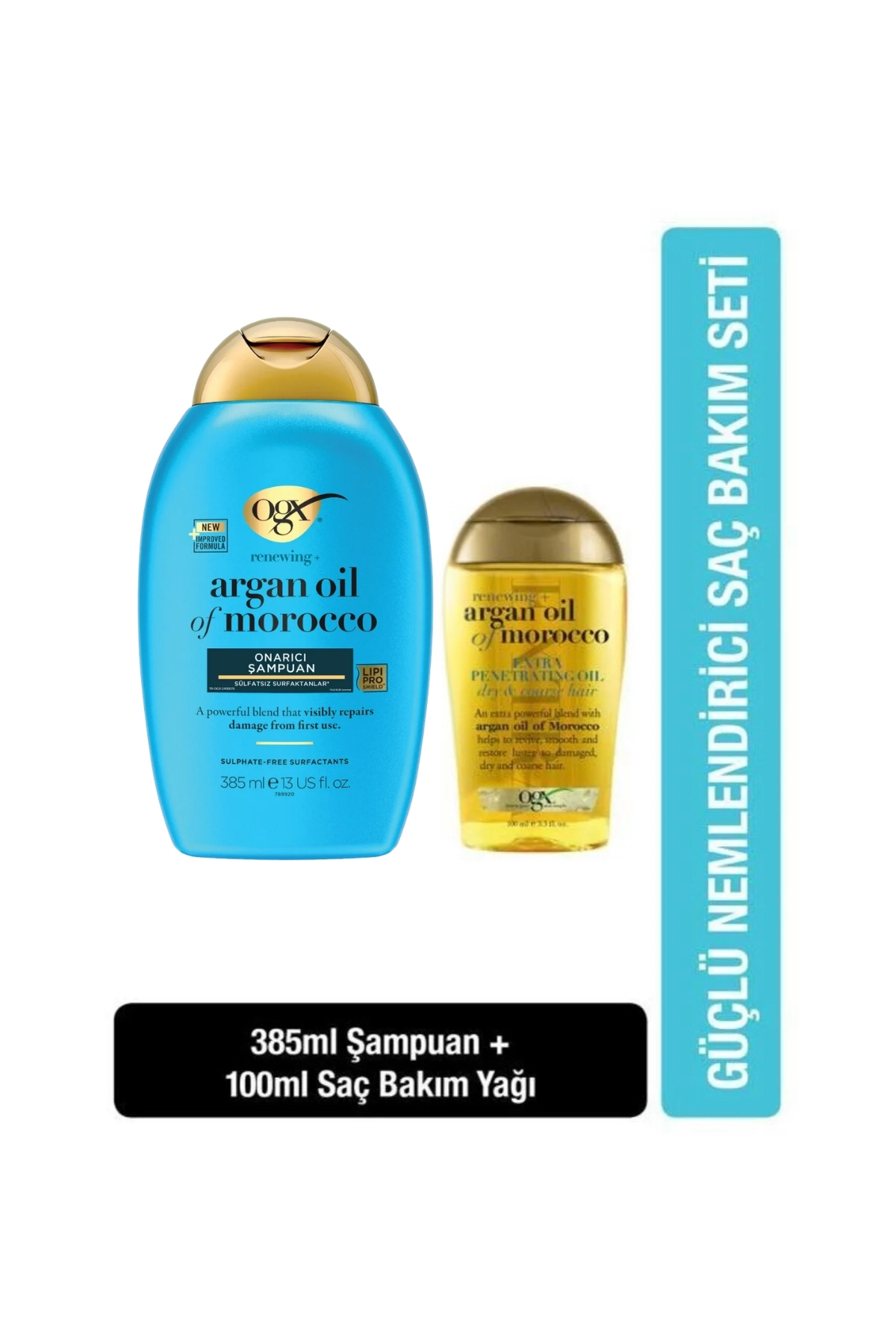 OGX Argan Oil of Morocco Onarıcı Sülfatsız Şampuan 385 ml + Yenileyici Saç Bakım Yağı 100 ml — PKTARGNOLMRCSPYG