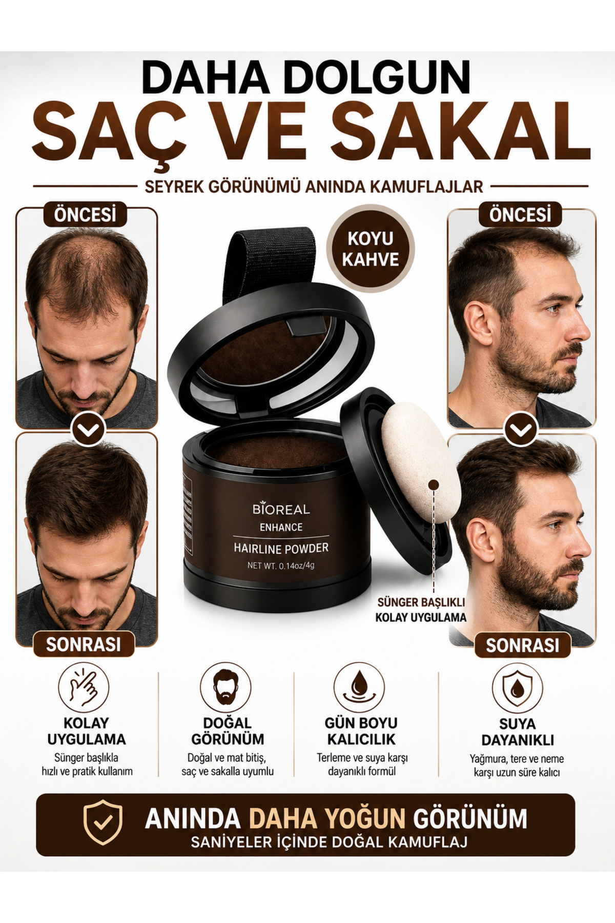 BİOREAL Saç Dolgunlaştırıcı Koyu Kahve Pudra | Seyrek Sakal Saçlar için Saç Fiberi | Suda Çıkmaz Boya — قهوه‌ای Kellik kapatıcı sakal saç kapatici