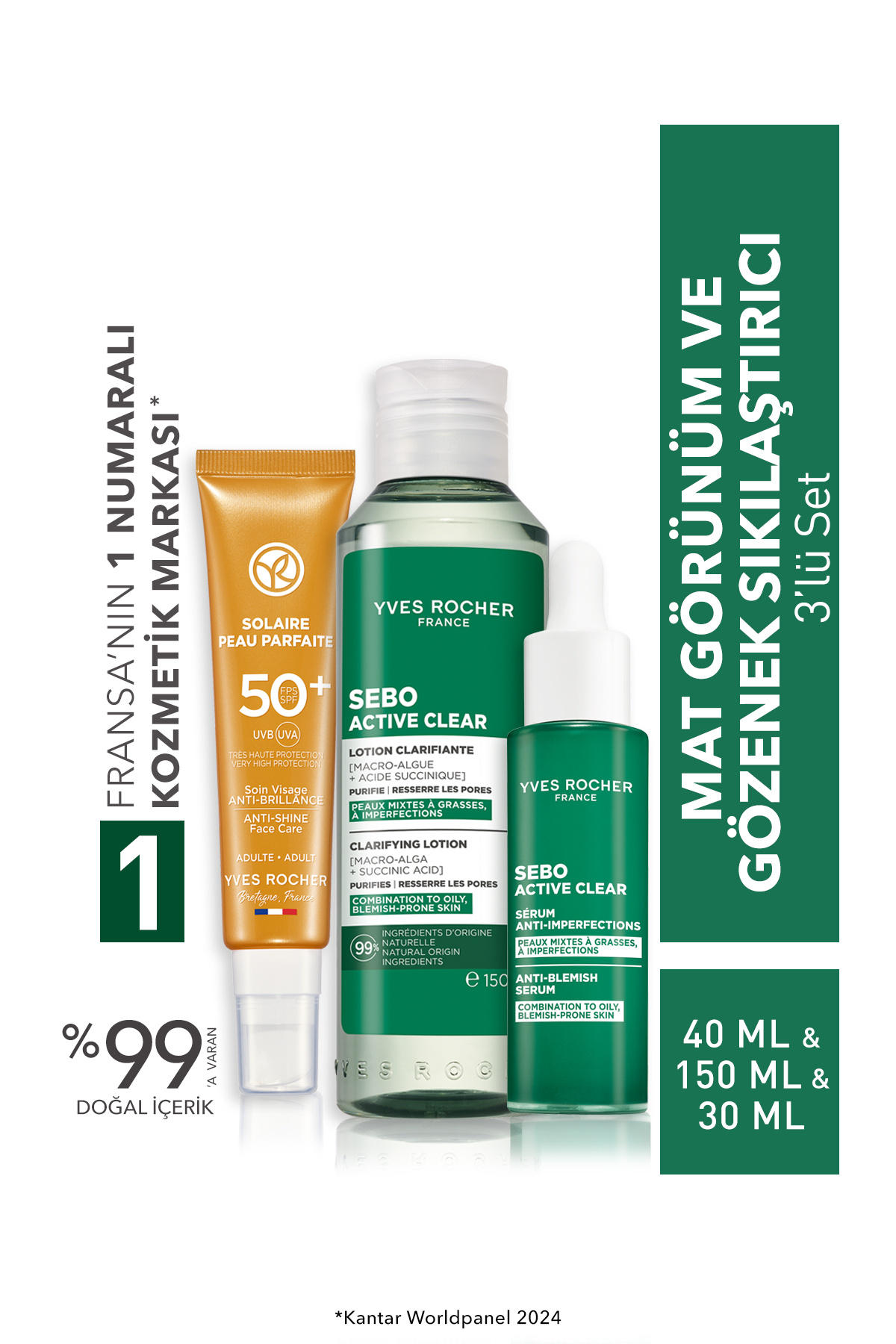 Yves Rocher Gözenek Sıkılaştırıcı ve Matlaştırıcı Set- Güneş Kremi 50+SPF 40 ml & Tonik 150 ml & Serum 30 ml — 9916907