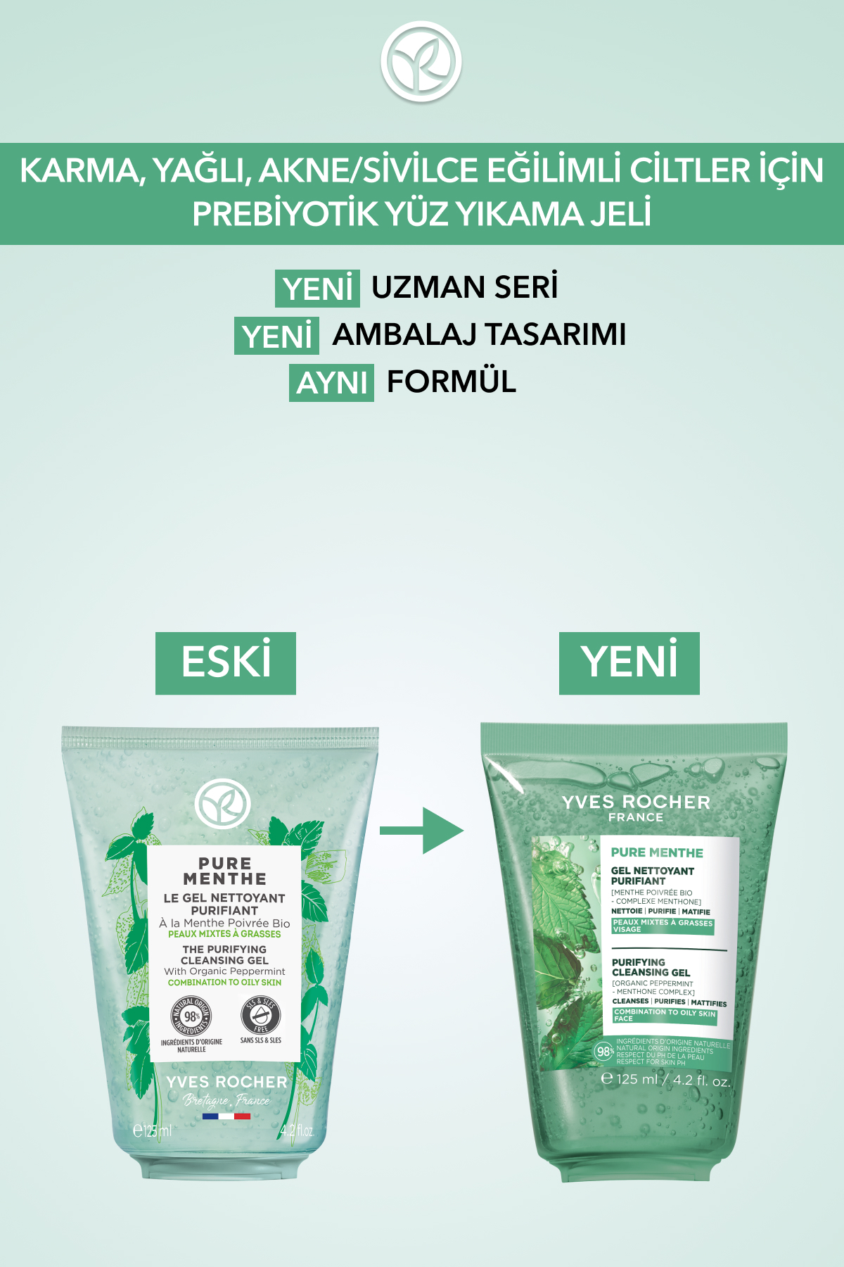 ژل شستشوی صورت-پوست مختلط، چرب و مستعد آکنه-Pure Menthe کمپلکس گیاهی پاک کننده 125ml