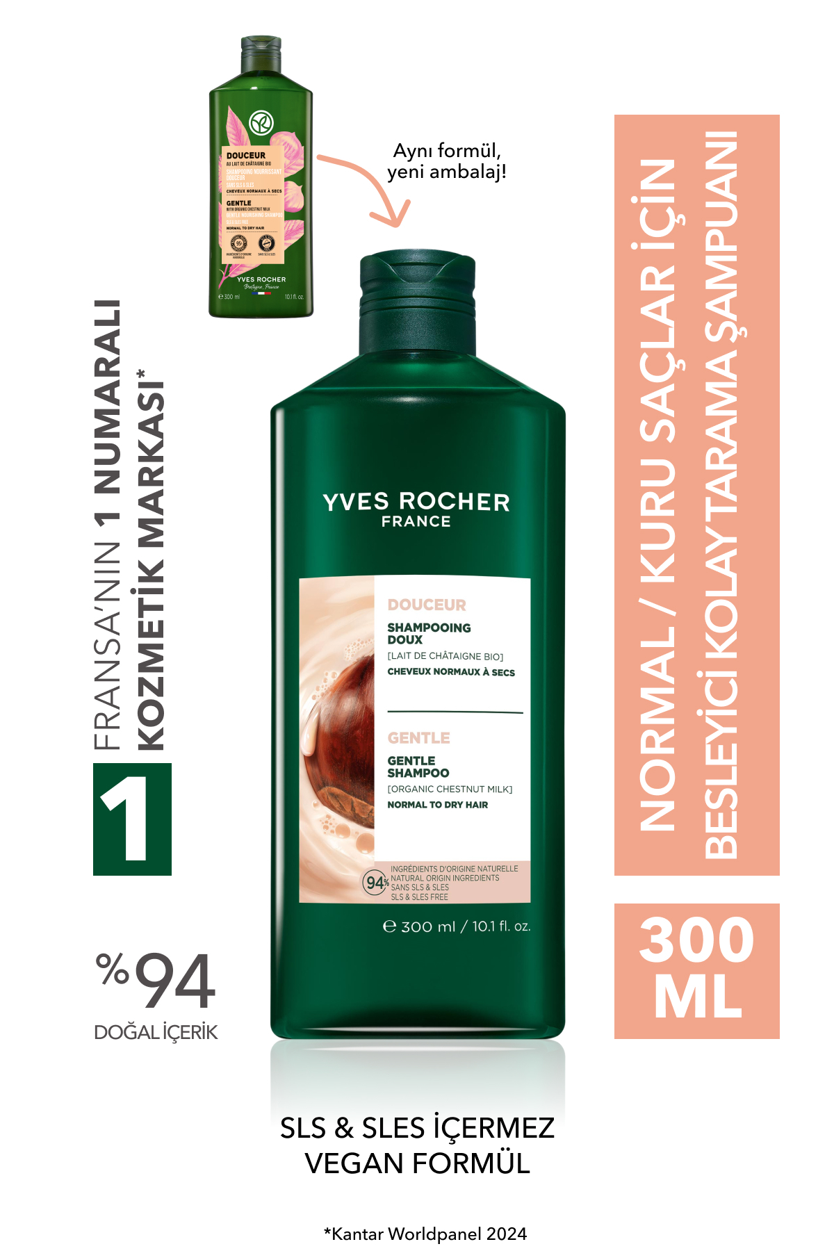 Yves Rocher Besleyici Kolay Tarama Şampuanı - Normal Saçlar / Douceur- SLS&SLES içermez & Tuzsuz & Vegan -300ml — 90159