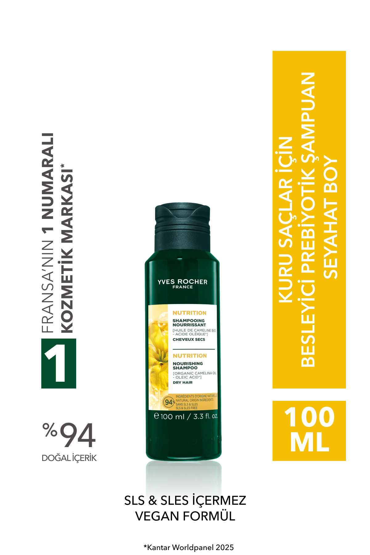 Yves Rocher Besleyici Prebiyotik Seyahat Boy Şampuan-Kuru Saçlar-Tuzsuz, SLS,SLES İçermez, Vegan -100ml