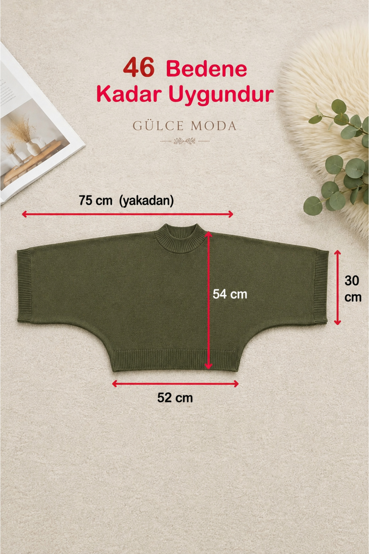 Gülce moda Kadın Yarasa Kol Oversize Triko Kazak Bordo görsel 3