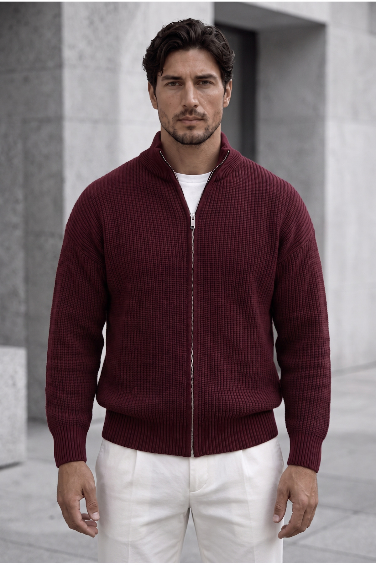 Valiberta Woody Oversize Selanik Örme Fermuarlı Erkek Hırka- Bordo
