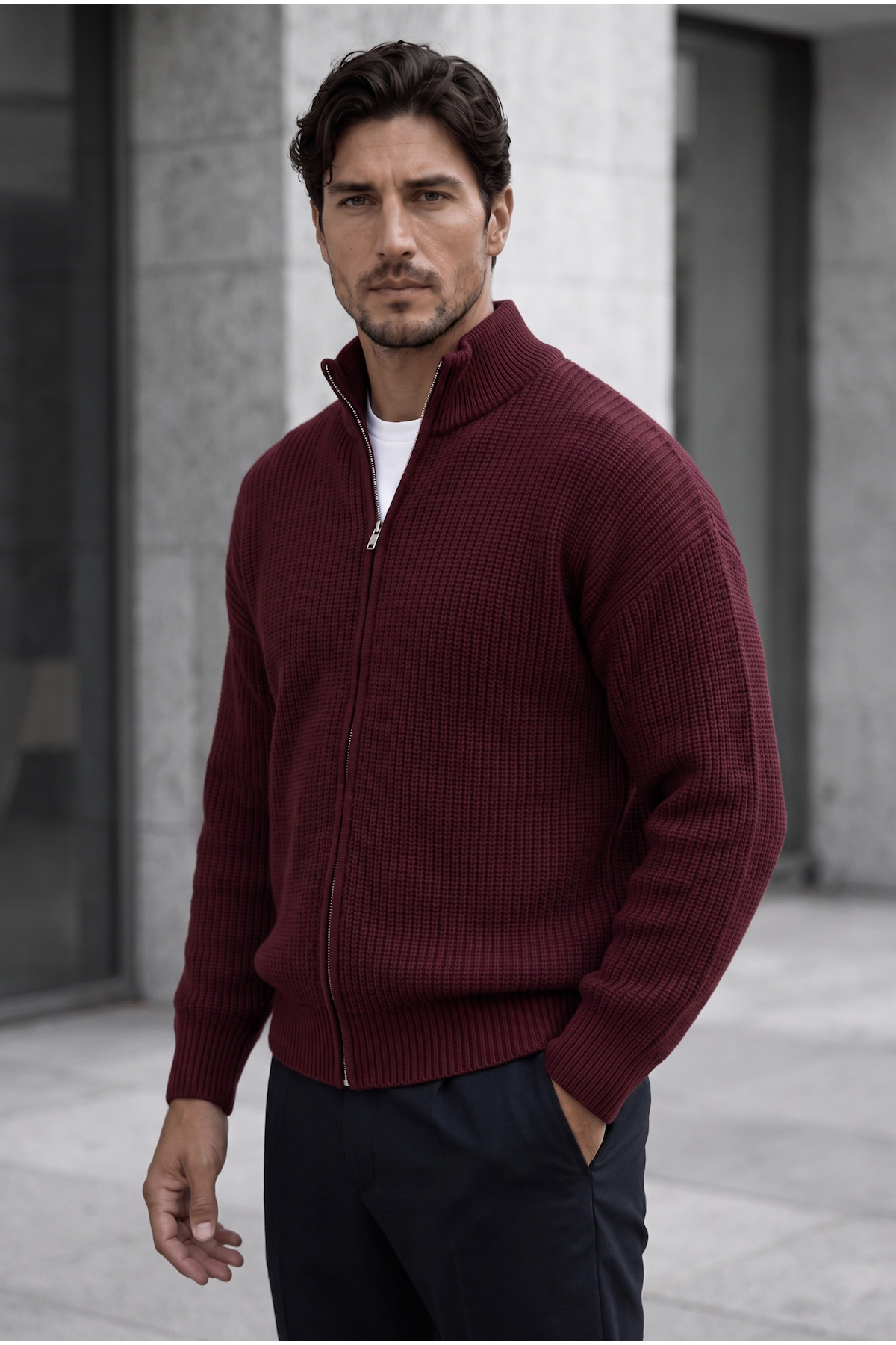 Valiberta Woody Oversize Selanik Örme Fermuarlı Erkek Hırka- Bordo görsel 5
