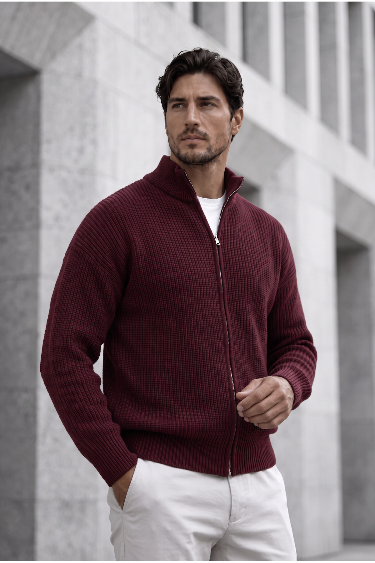 Valiberta Woody Oversize Selanik Örme Fermuarlı Erkek Hırka- Bordo görsel 4