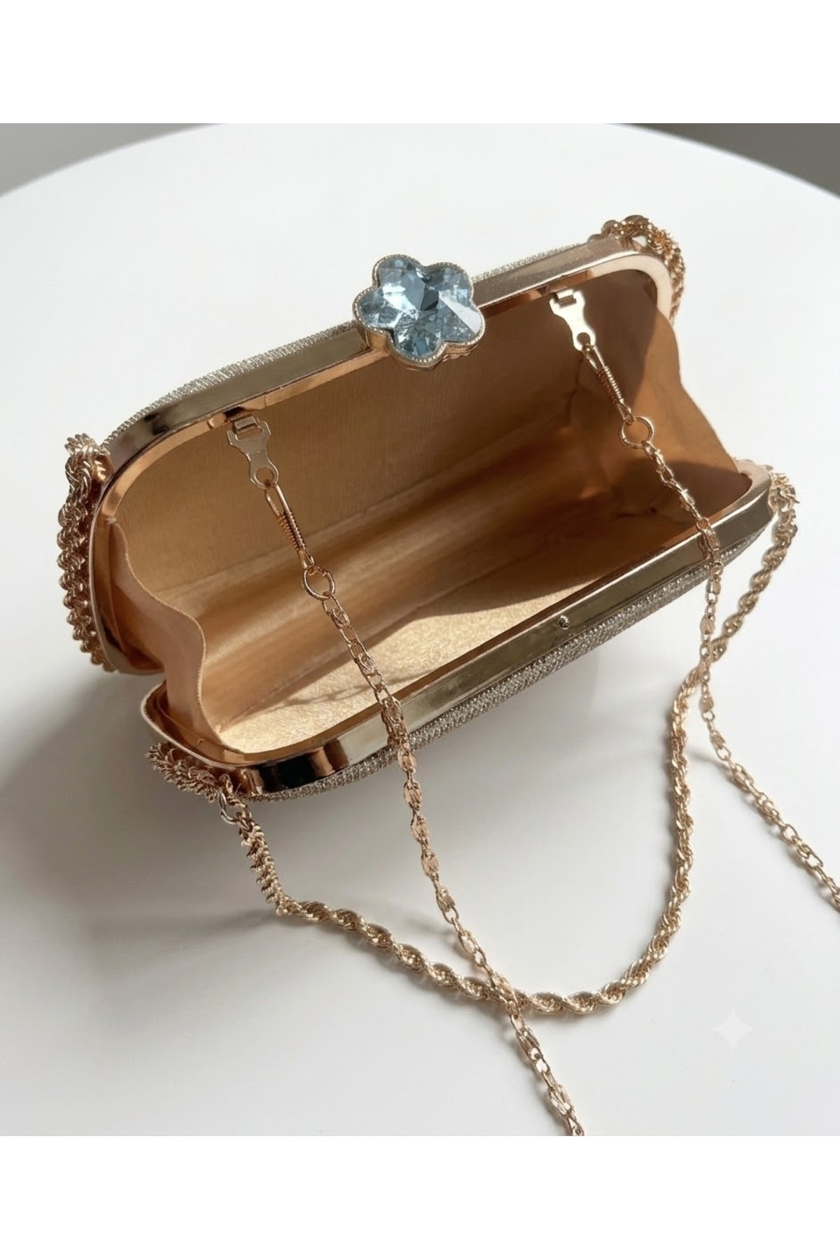selma demir Simli Kumaş Gold Zincir Askılı Model Clutch Kadın Çanta görsel 3