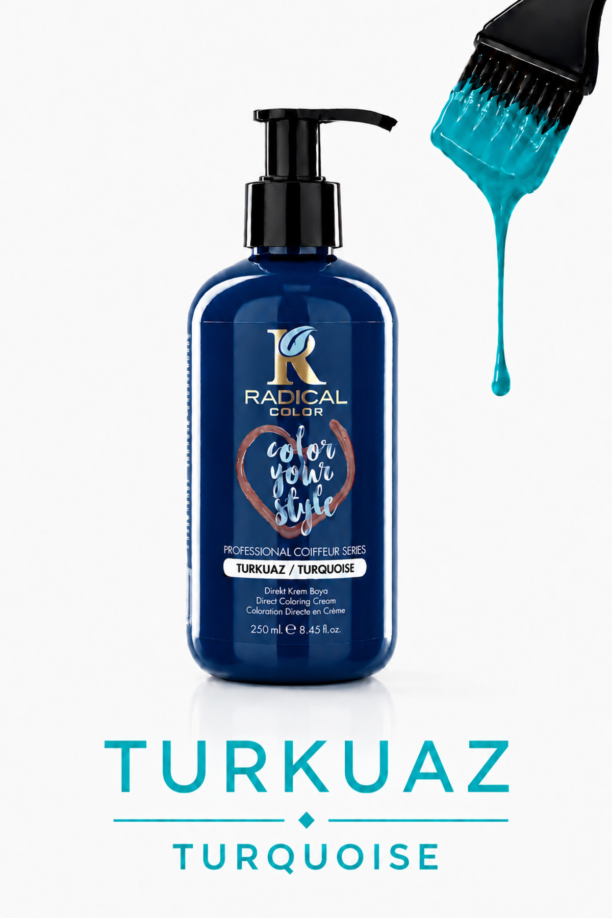 Radical Turkuaz Su Bazlı Saç Boyası – Amonyaksız ve Oksidansız, Açık Saçta Canlı ve Yoğun Renk | 250 ml — فیروزه‌ای 0001subazlıboya
