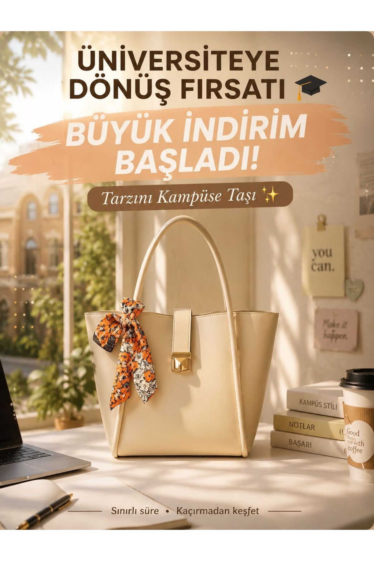 ROYAL LADYS Büyük Boy Çanta Gold Detaylı + Hediye Fular