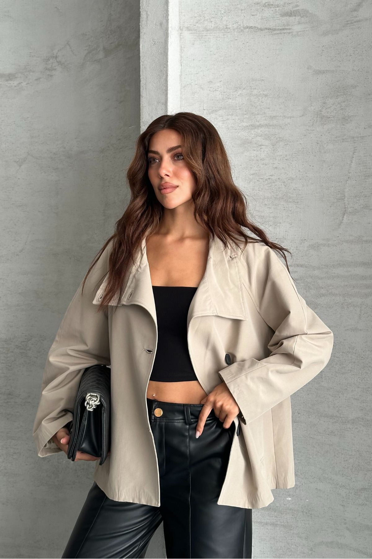 macharel jeans Kadın Astarlı Oversize Düğmeli Geniş Yaka Mevsimlik Trenç Ceket görsel 7